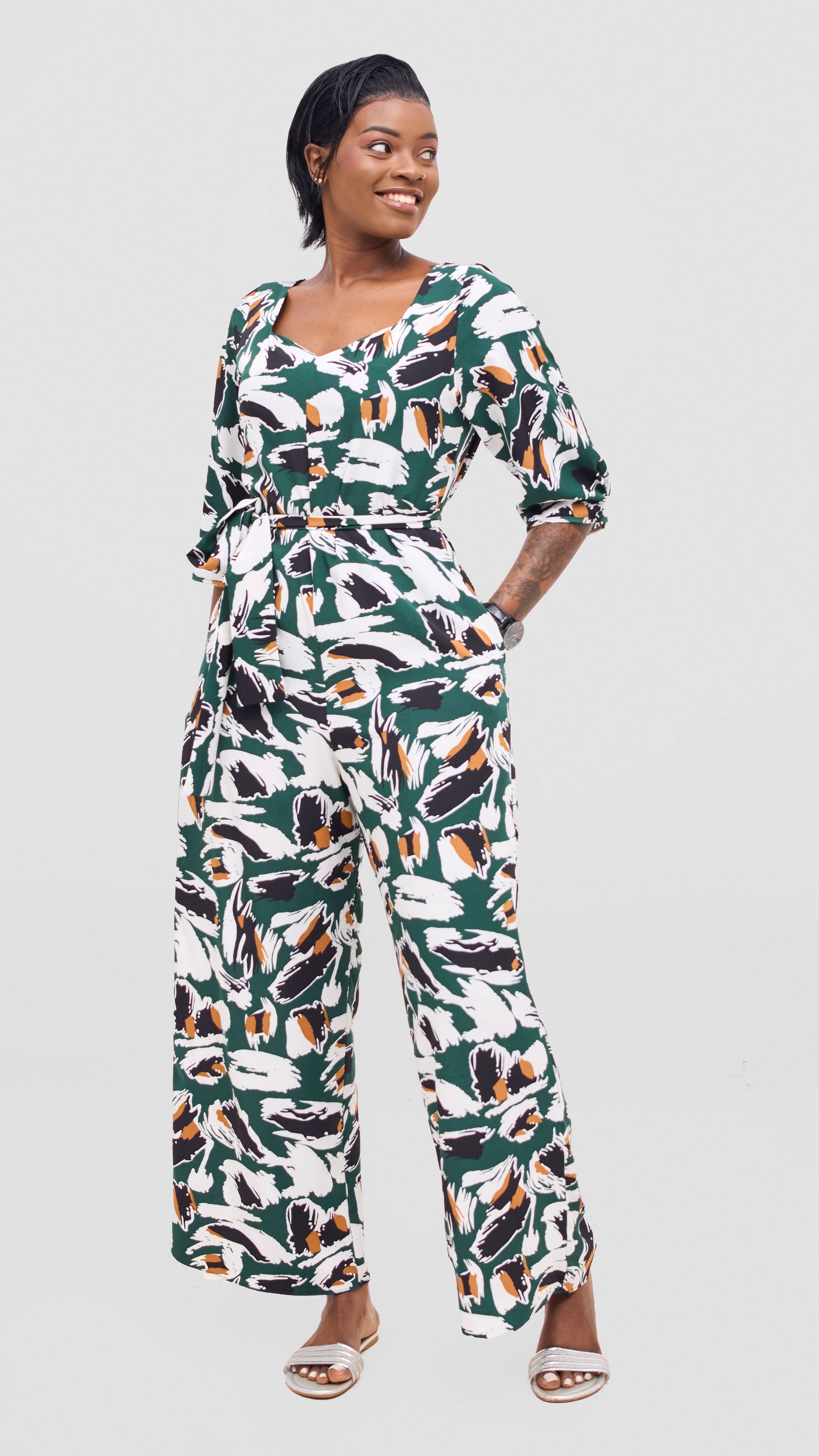 Vivo Zahari Sweatheart Neck Jumpsuit - Green / Black Print