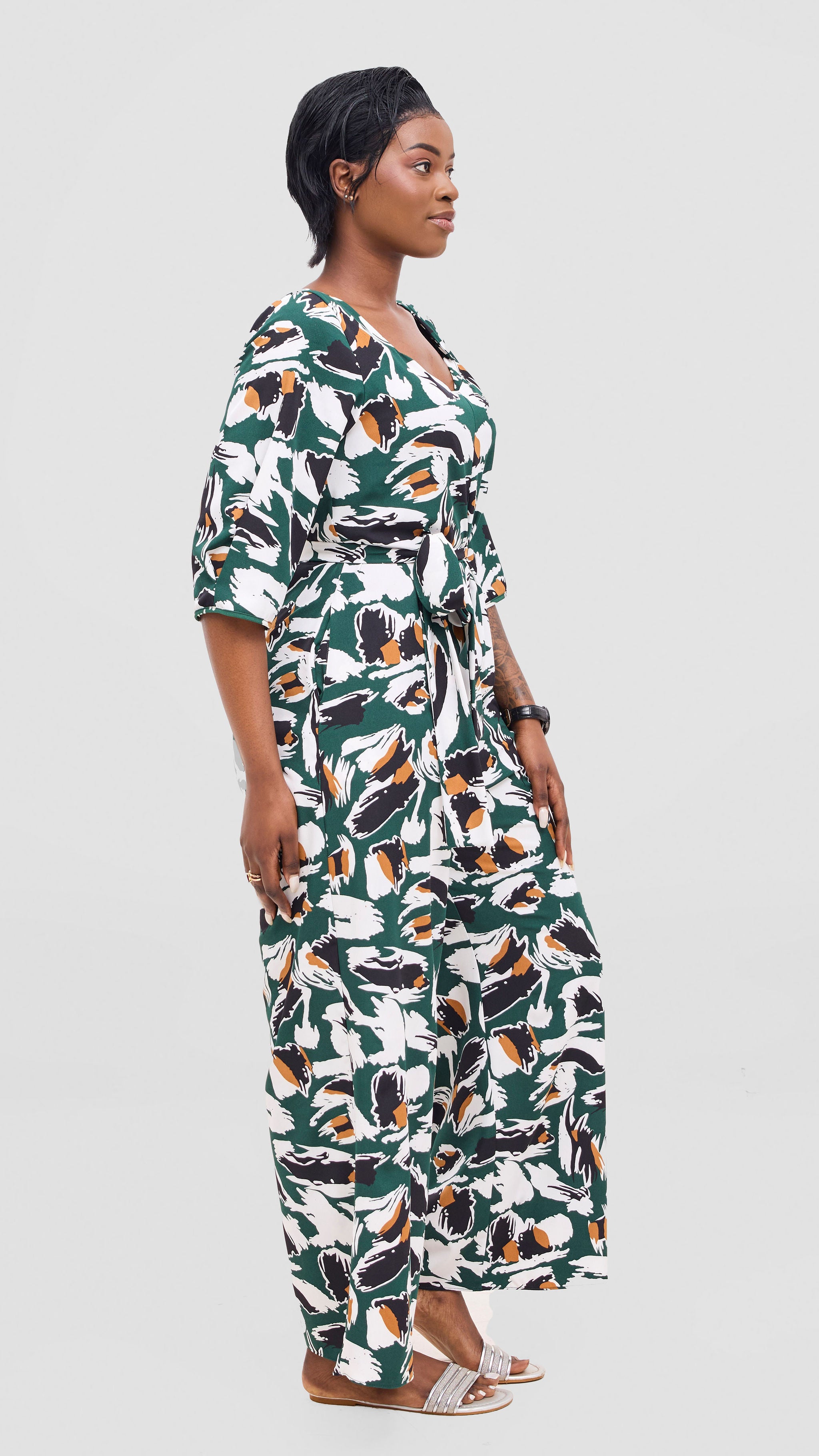 Vivo Zahari Sweatheart Neck Jumpsuit - Green / Black Print