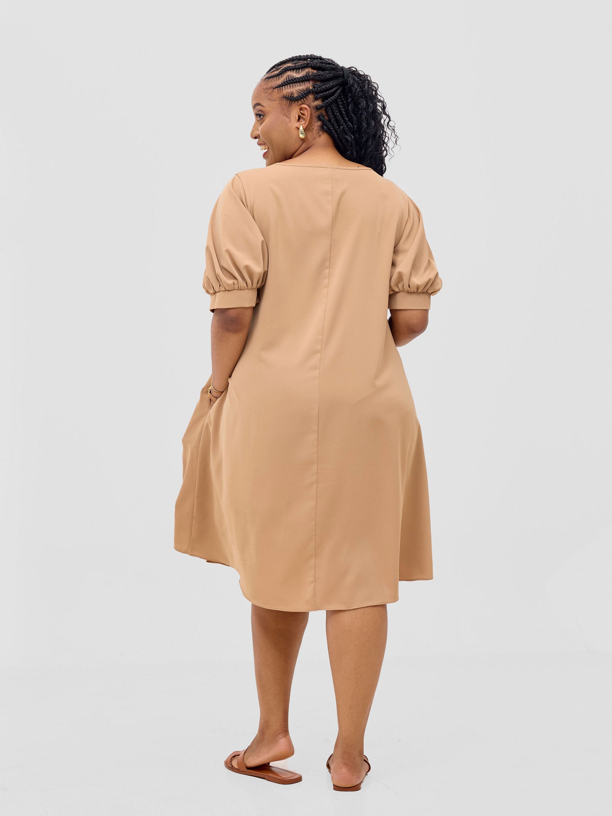 Vivo Wingu Puff Sleeve Knee Length Dress - Light Tan
