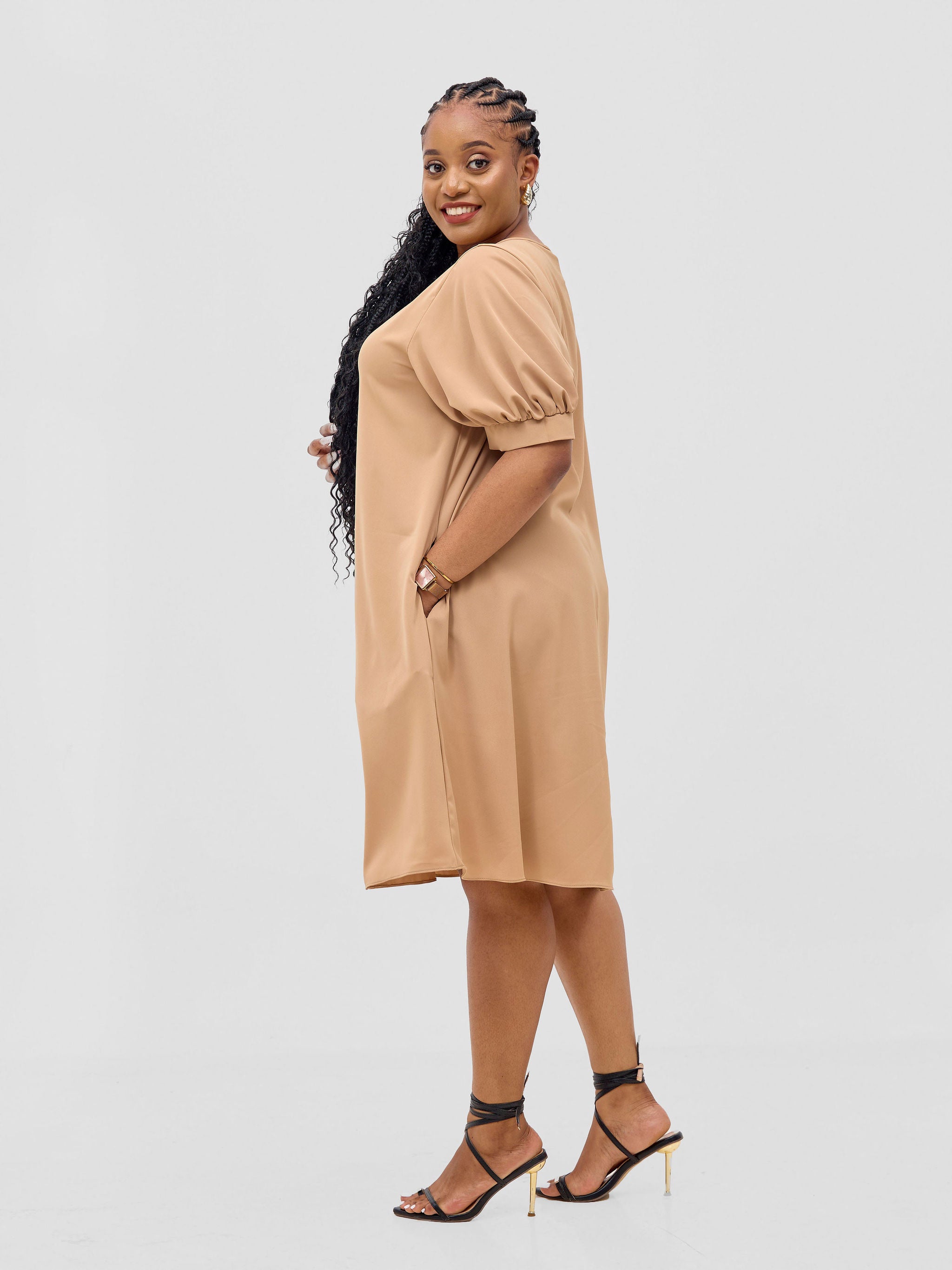 Vivo Wingu Puff Sleeve Knee Length Dress - Light Tan