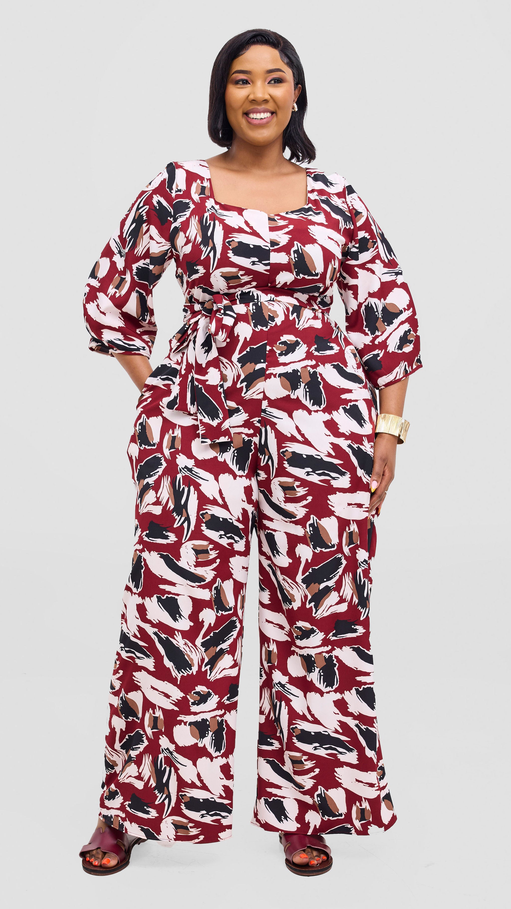 Vivo Zahari Sweatheart Neck Jumpsuit - Maroon / Black Print