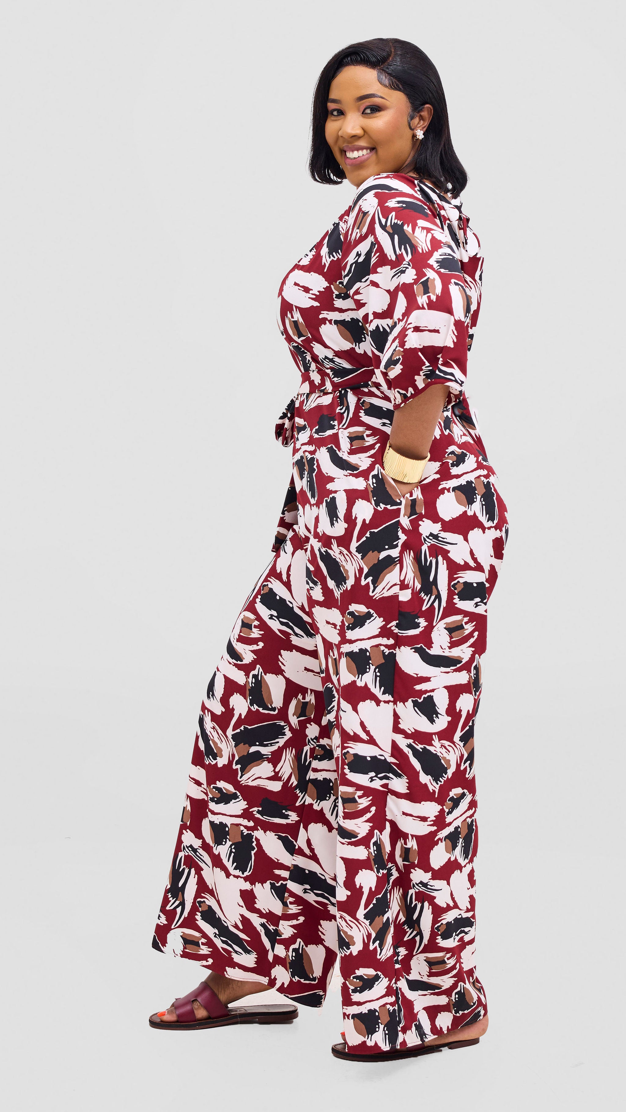 Vivo Zahari Sweatheart Neck Jumpsuit - Maroon / Black Print