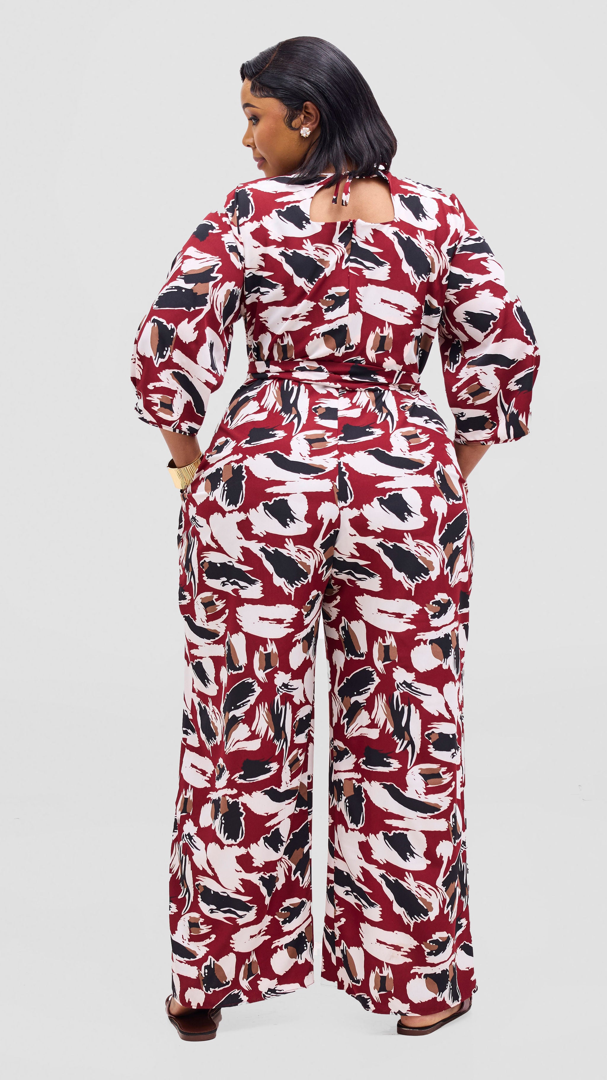 Vivo Zahari Sweatheart Neck Jumpsuit - Maroon / Black Print