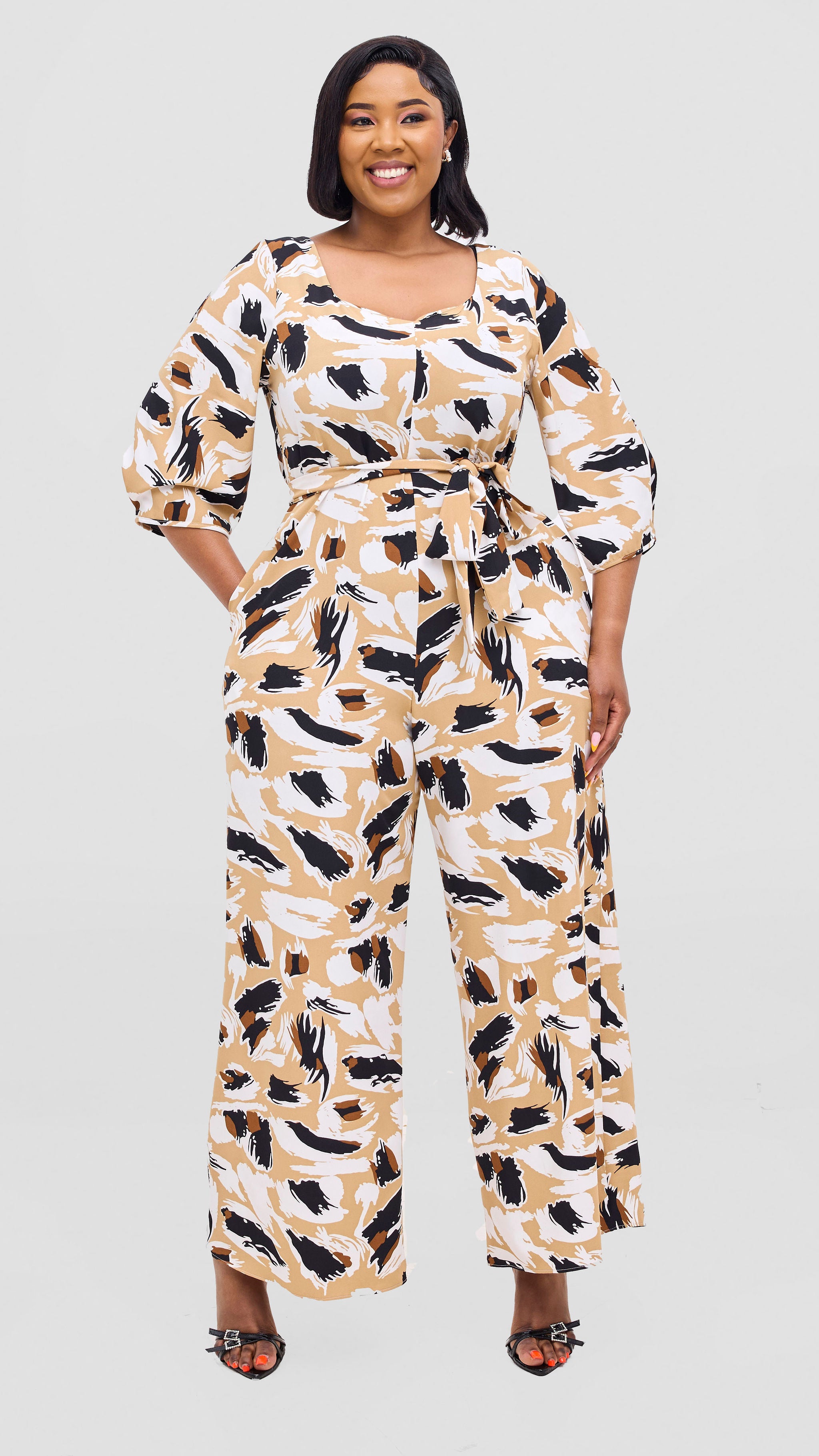 Vivo Zahari Sweatheart Neck Jumpsuit - Taupe / White Print