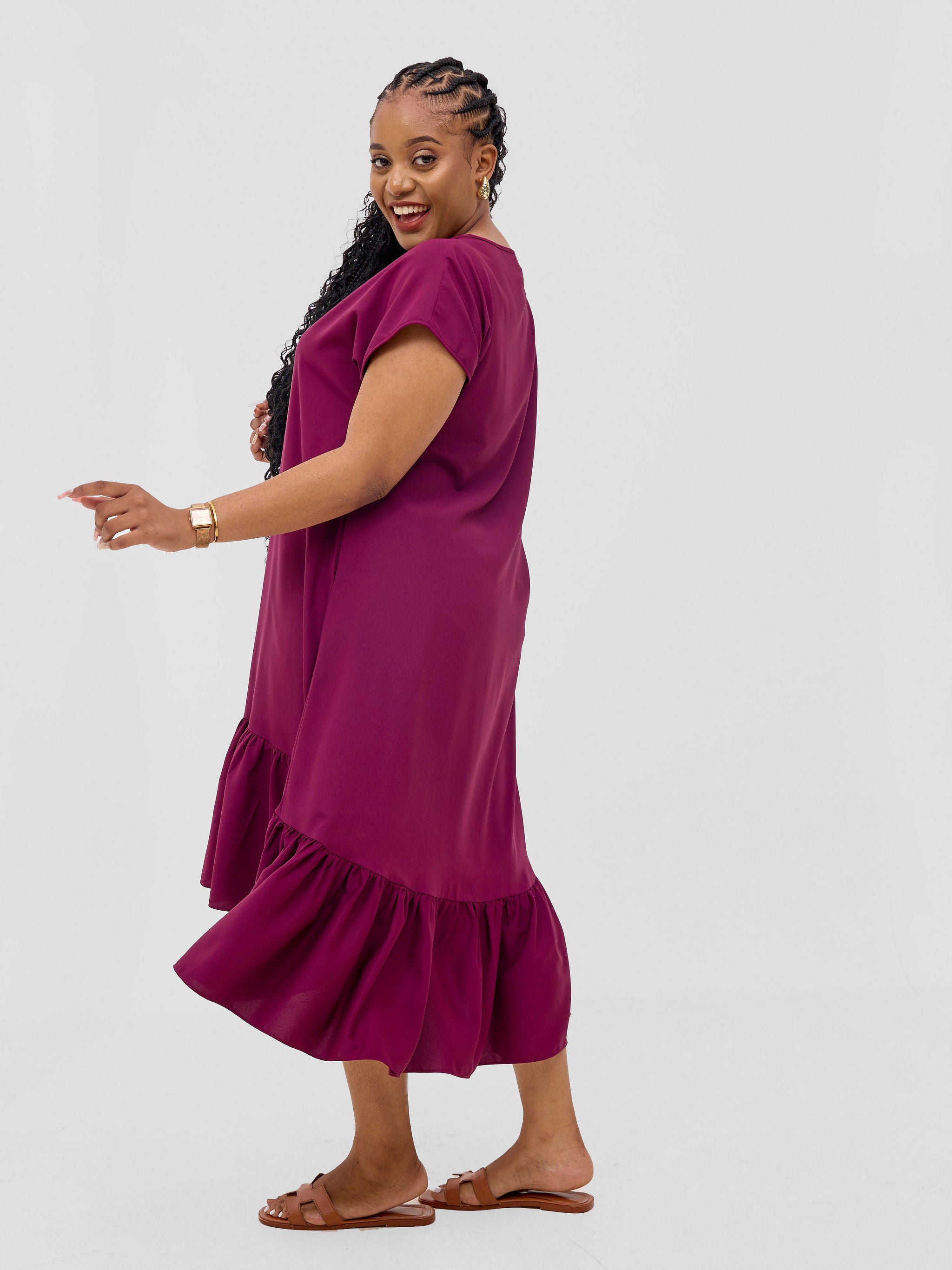 Vivo Esna Drop Shoulder High Low Dress - Burgundy