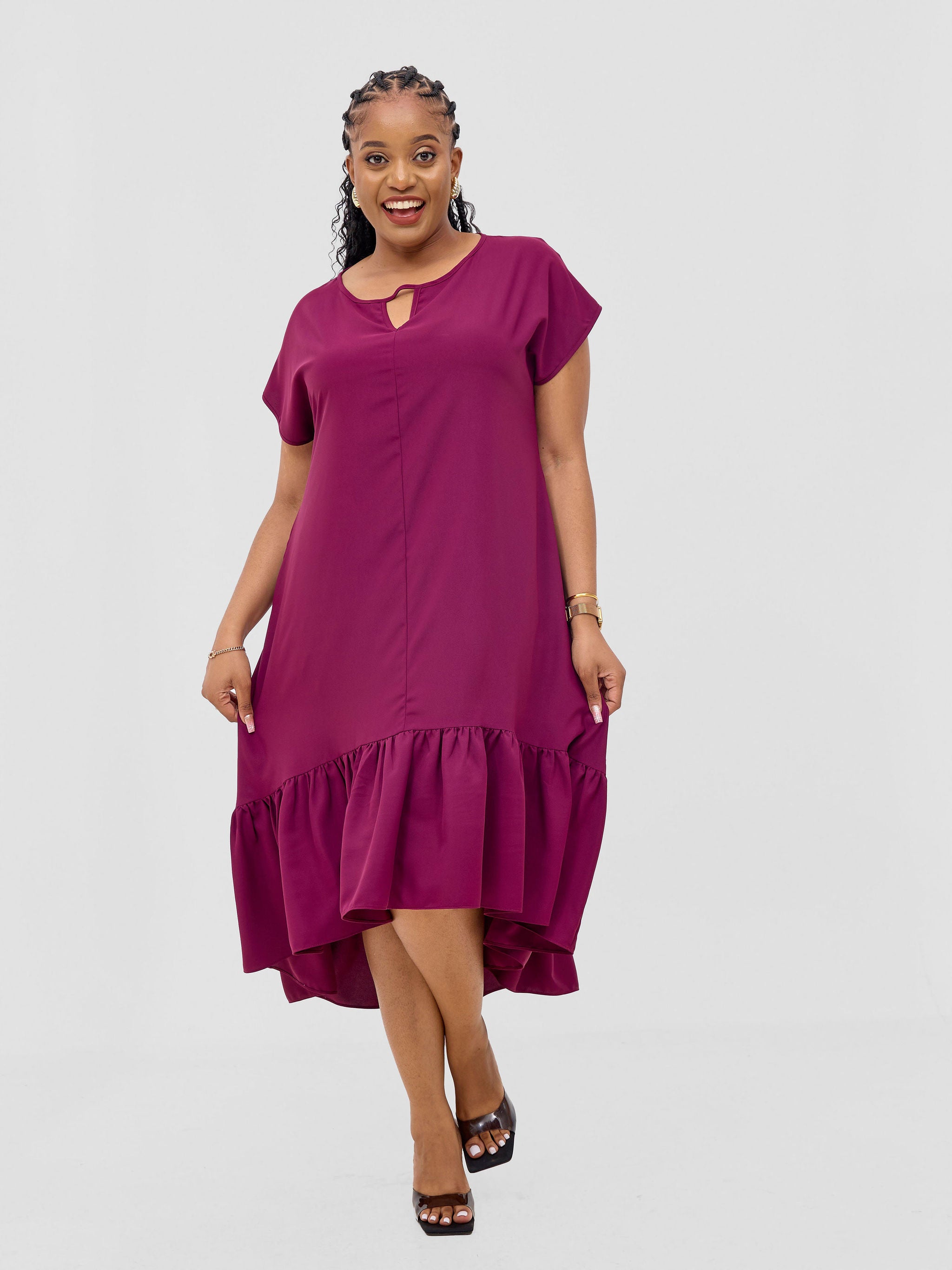 Vivo Esna Drop Shoulder High Low Dress - Burgundy