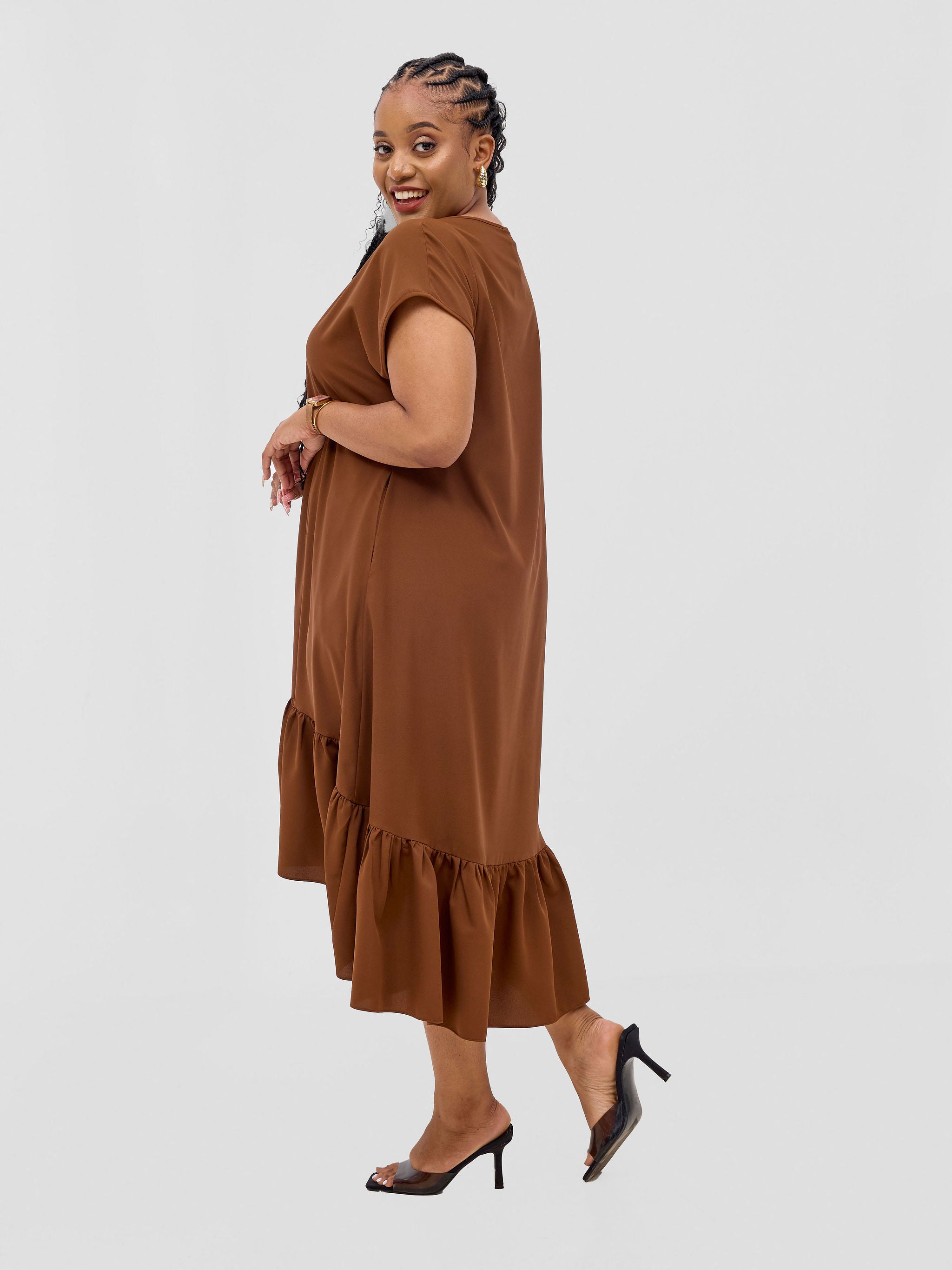 Vivo Esna Drop Shoulder High Low Dress - Brown