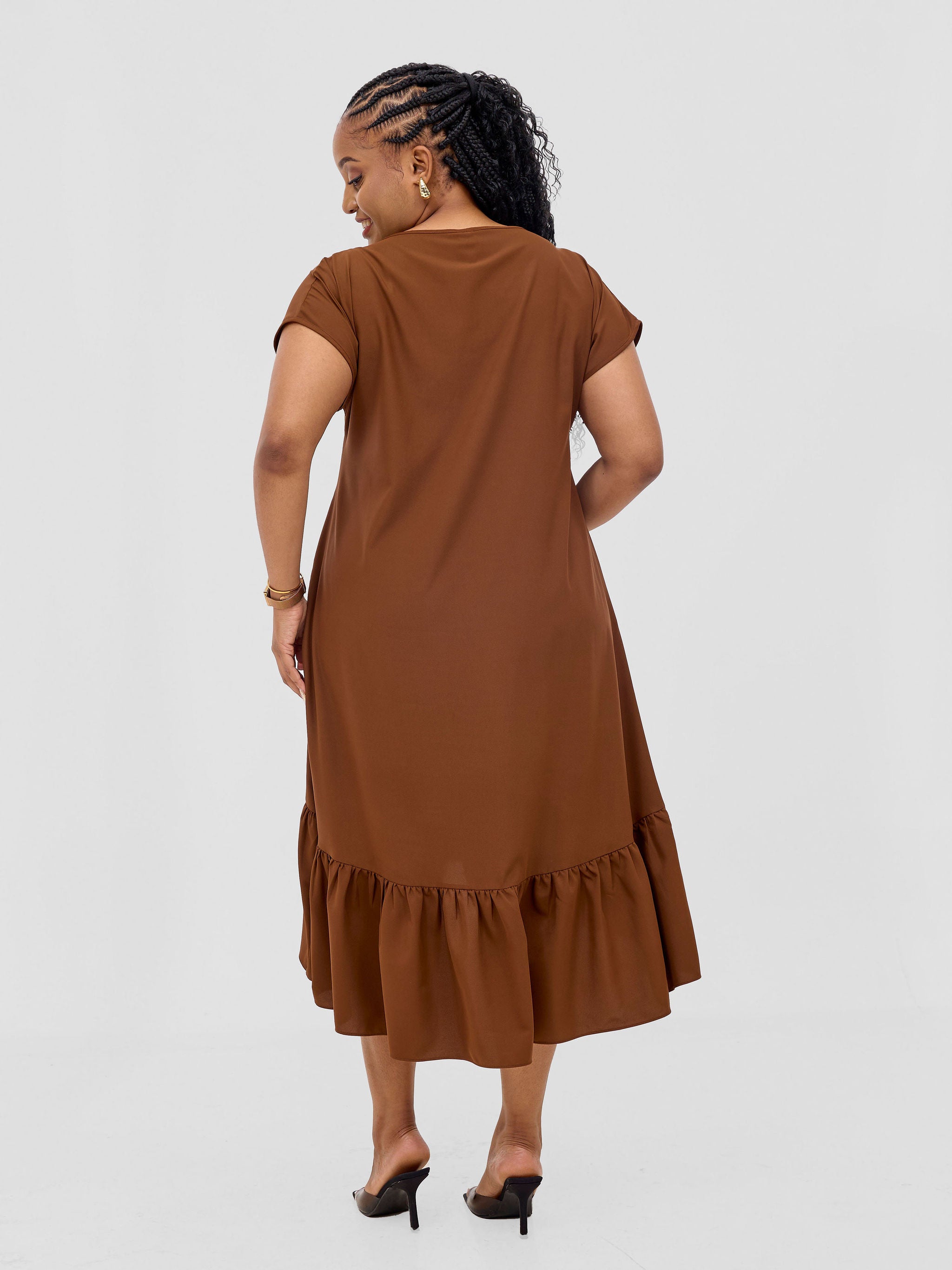 Vivo Esna Drop Shoulder High Low Dress - Brown