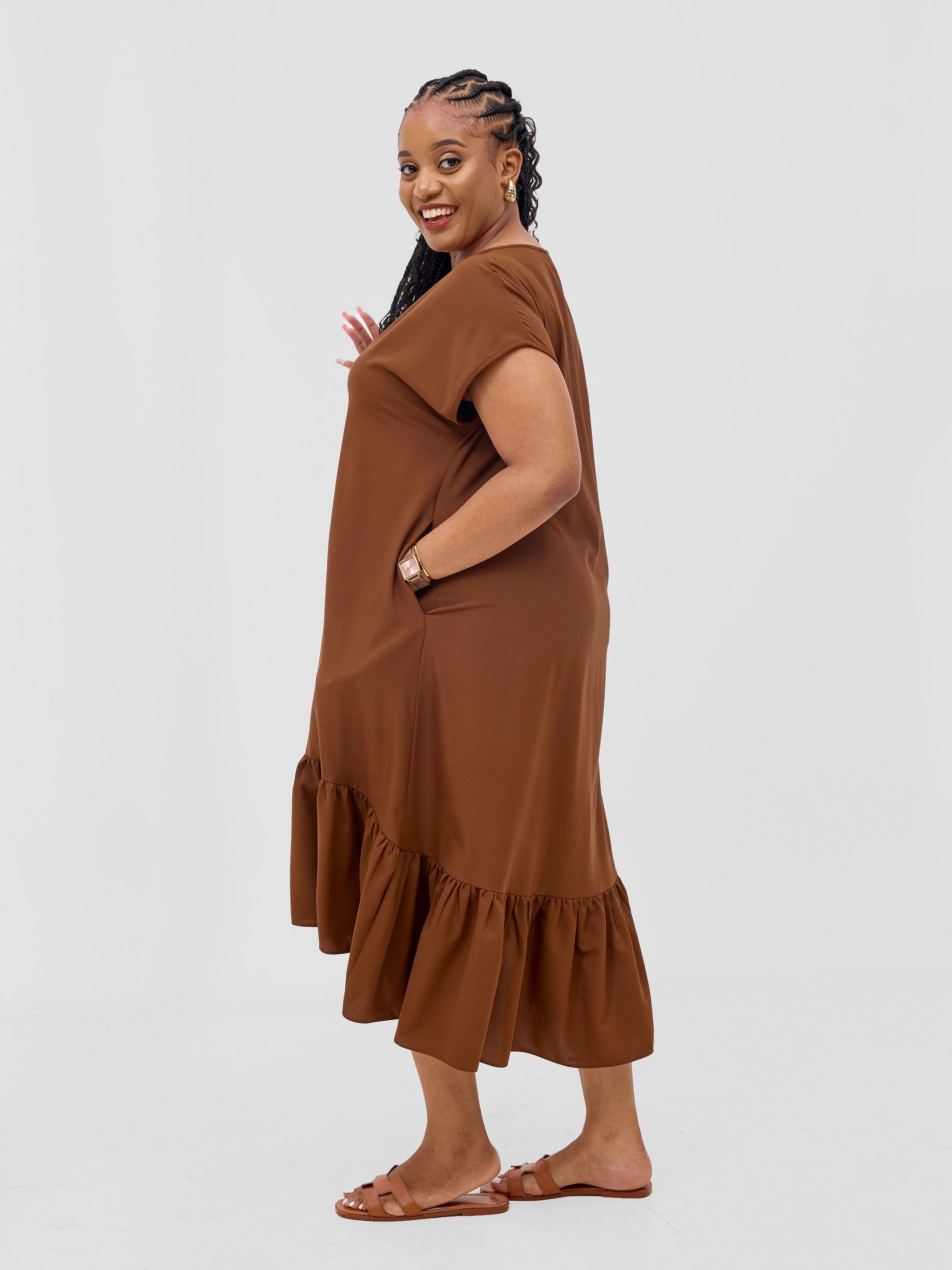 Vivo Esna Drop Shoulder High Low Dress - Brown