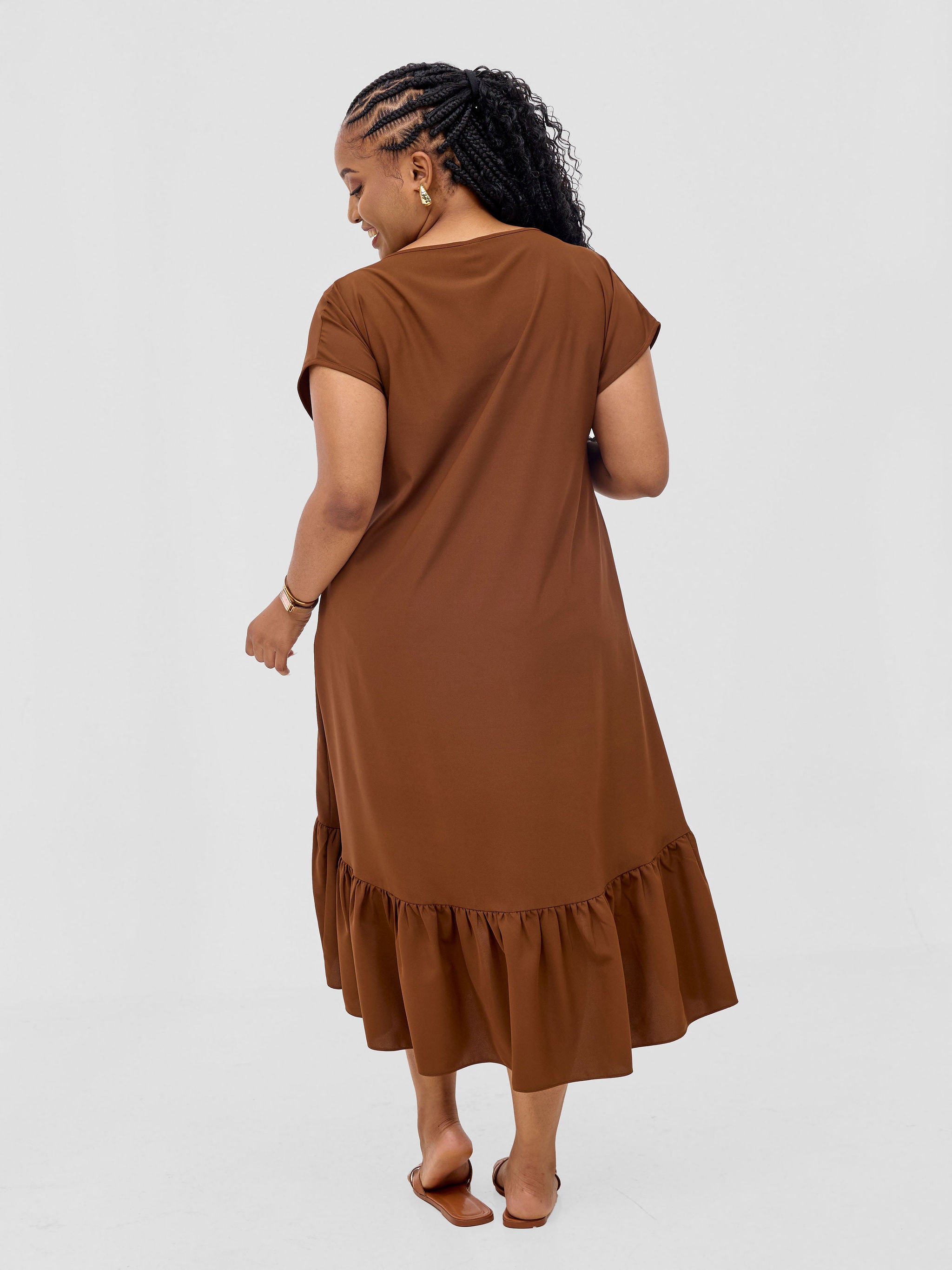 Vivo Esna Drop Shoulder High Low Dress - Brown