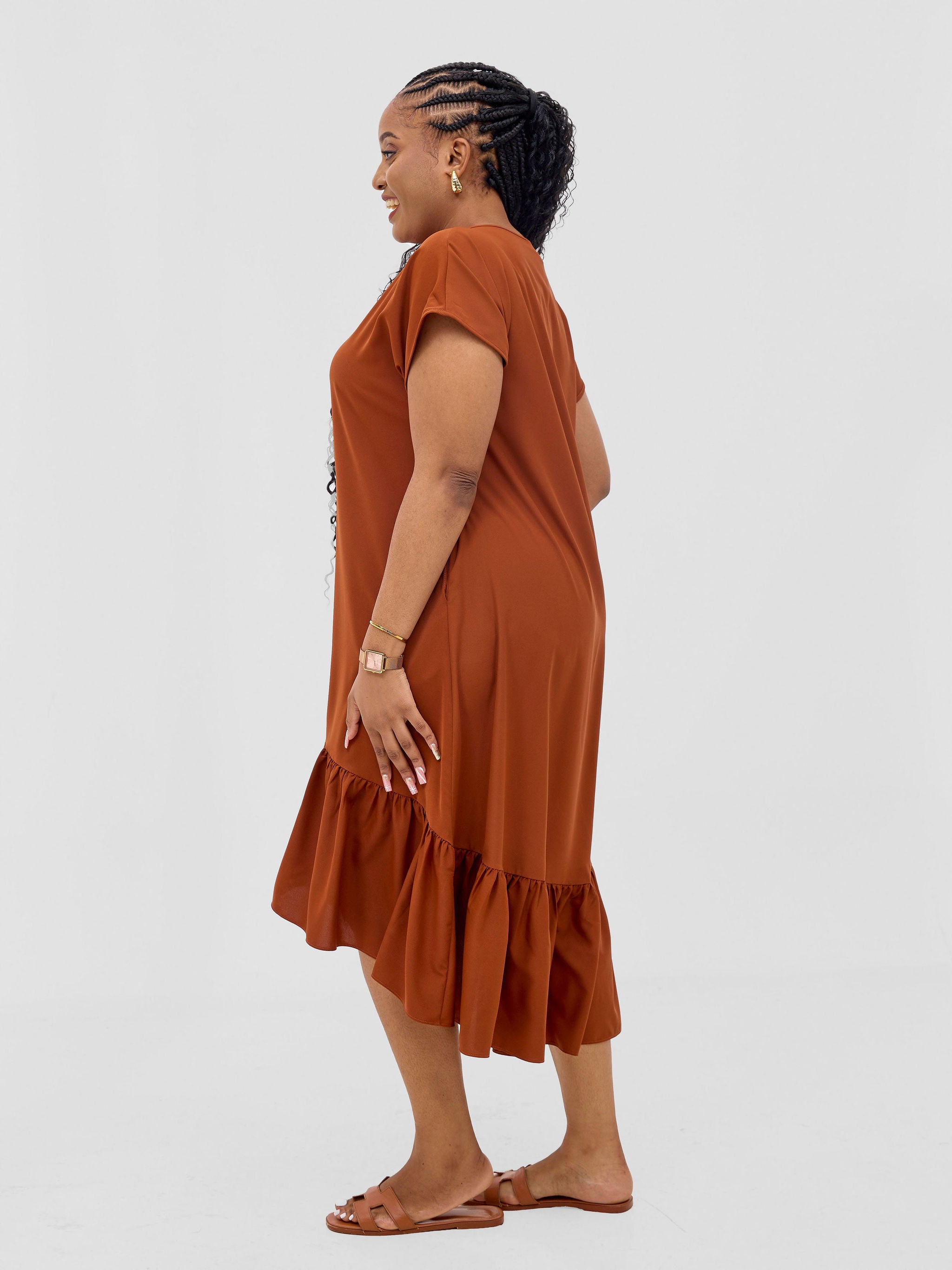 Vivo Esna Drop Shoulder High Low Dress - Rust