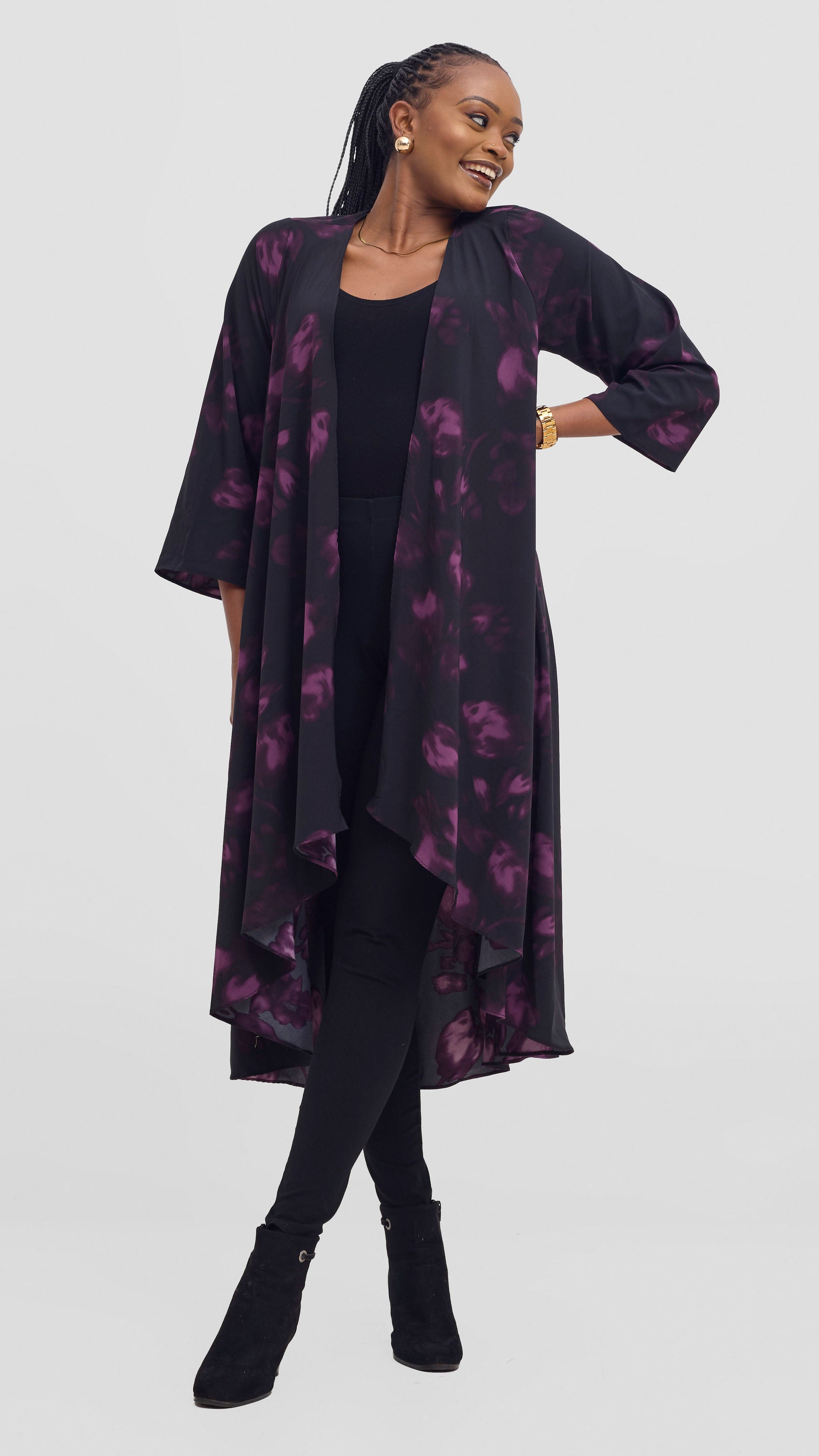 Vivo Maisha Long Sleeve High Low Kimono - Black / Purple Beri Print