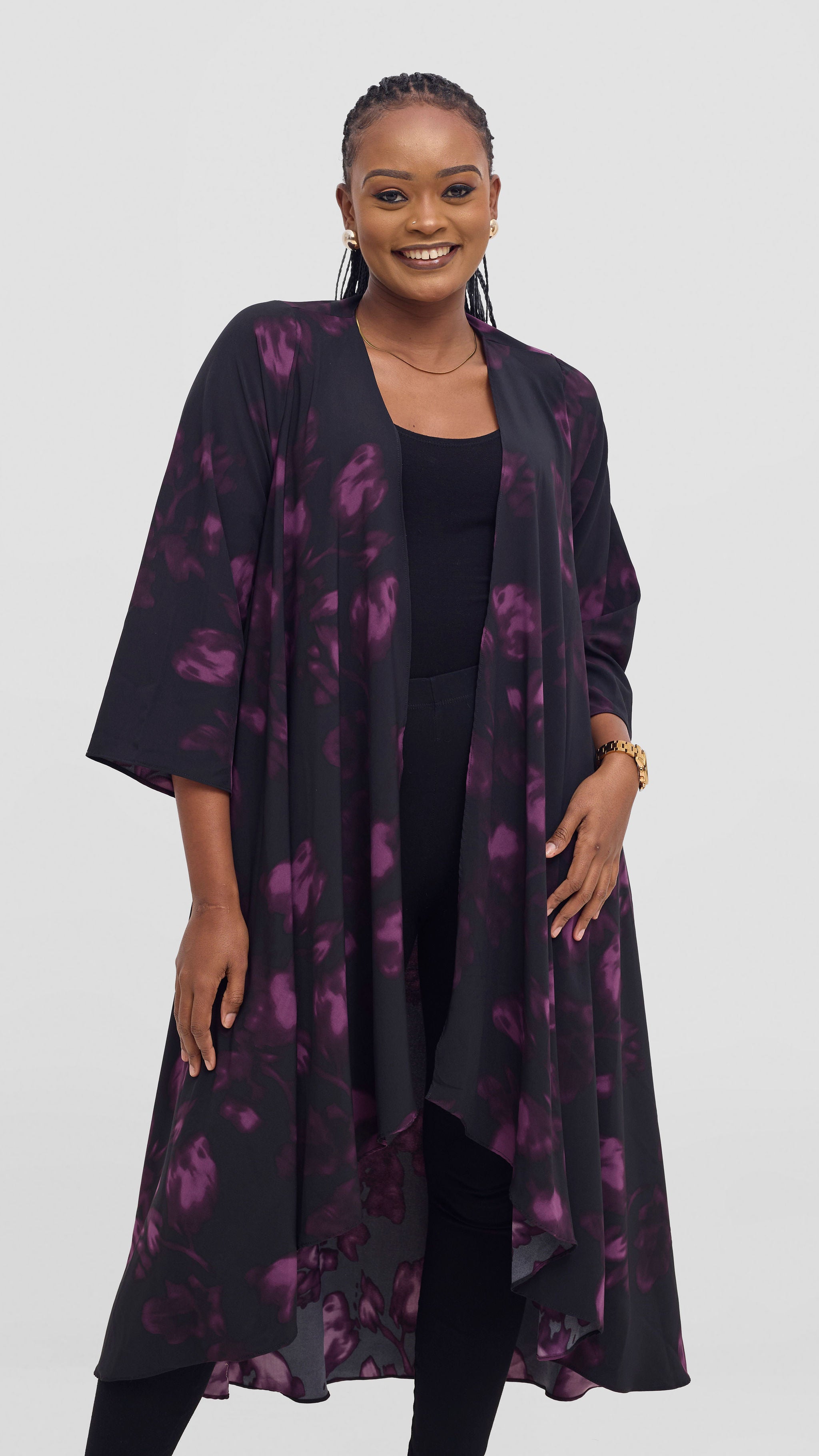 Vivo Maisha Long Sleeve High Low Kimono - Black / Purple Beri Print