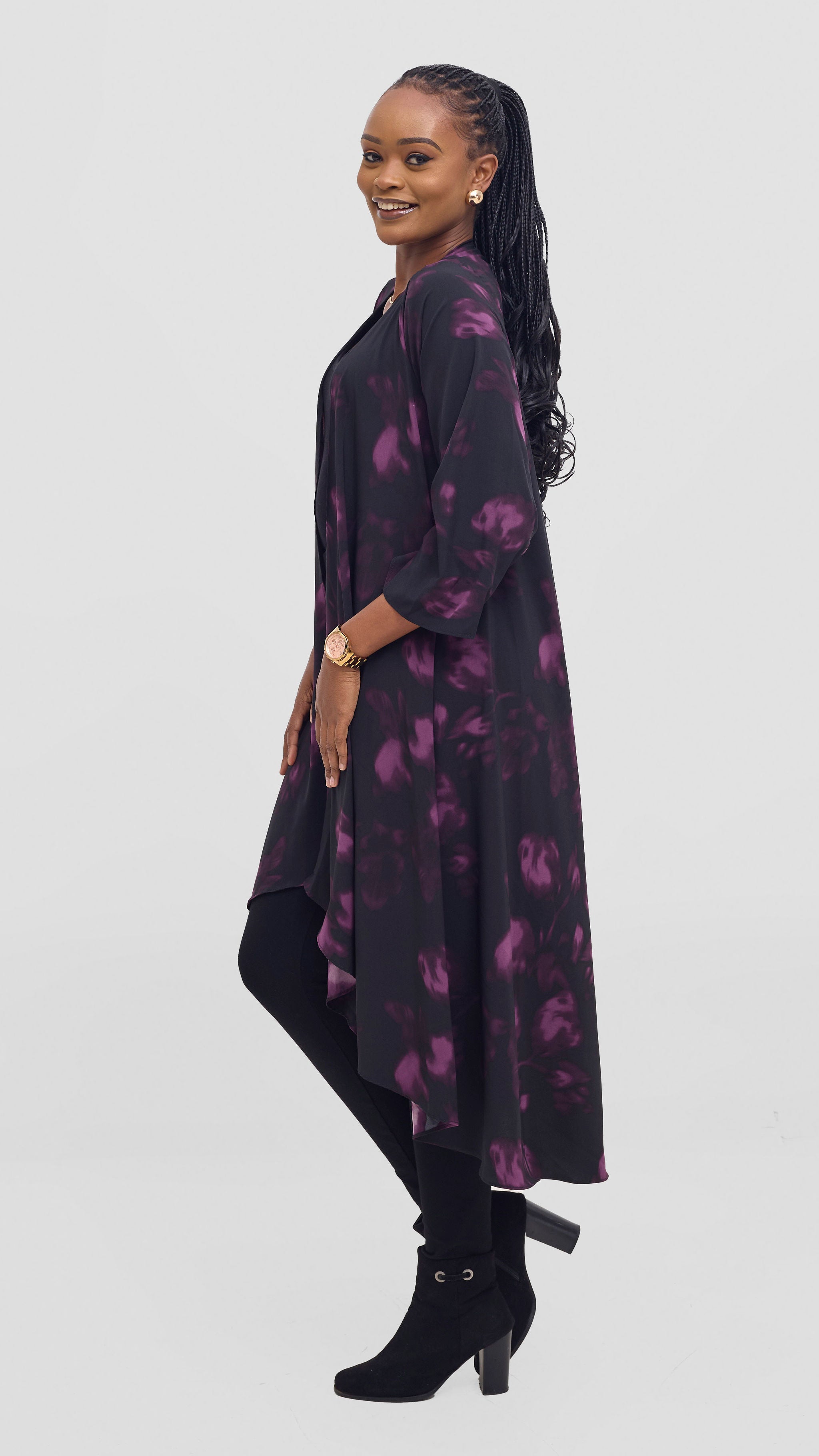 Vivo Maisha Long Sleeve High Low Kimono - Black / Purple Beri Print