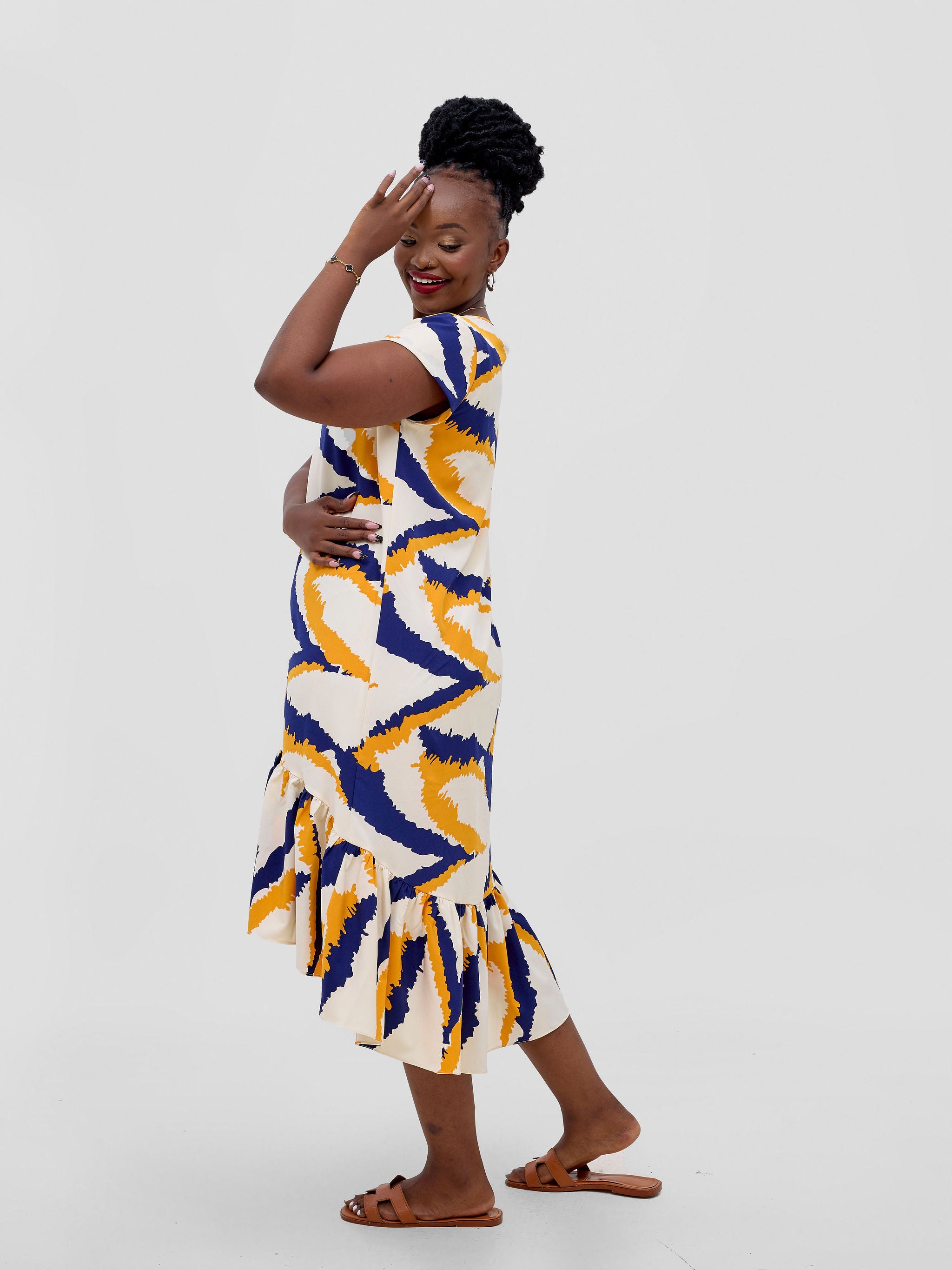 Vivo Ayana Cap Sleeve High Low Tent Dress - Mustard / Navy Print