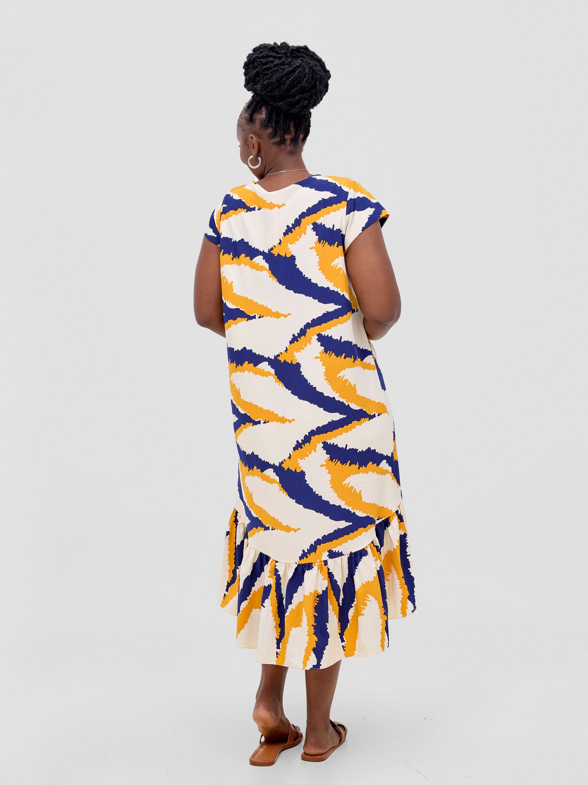 Vivo Ayana Cap Sleeve High Low Tent Dress - Mustard / Navy Print