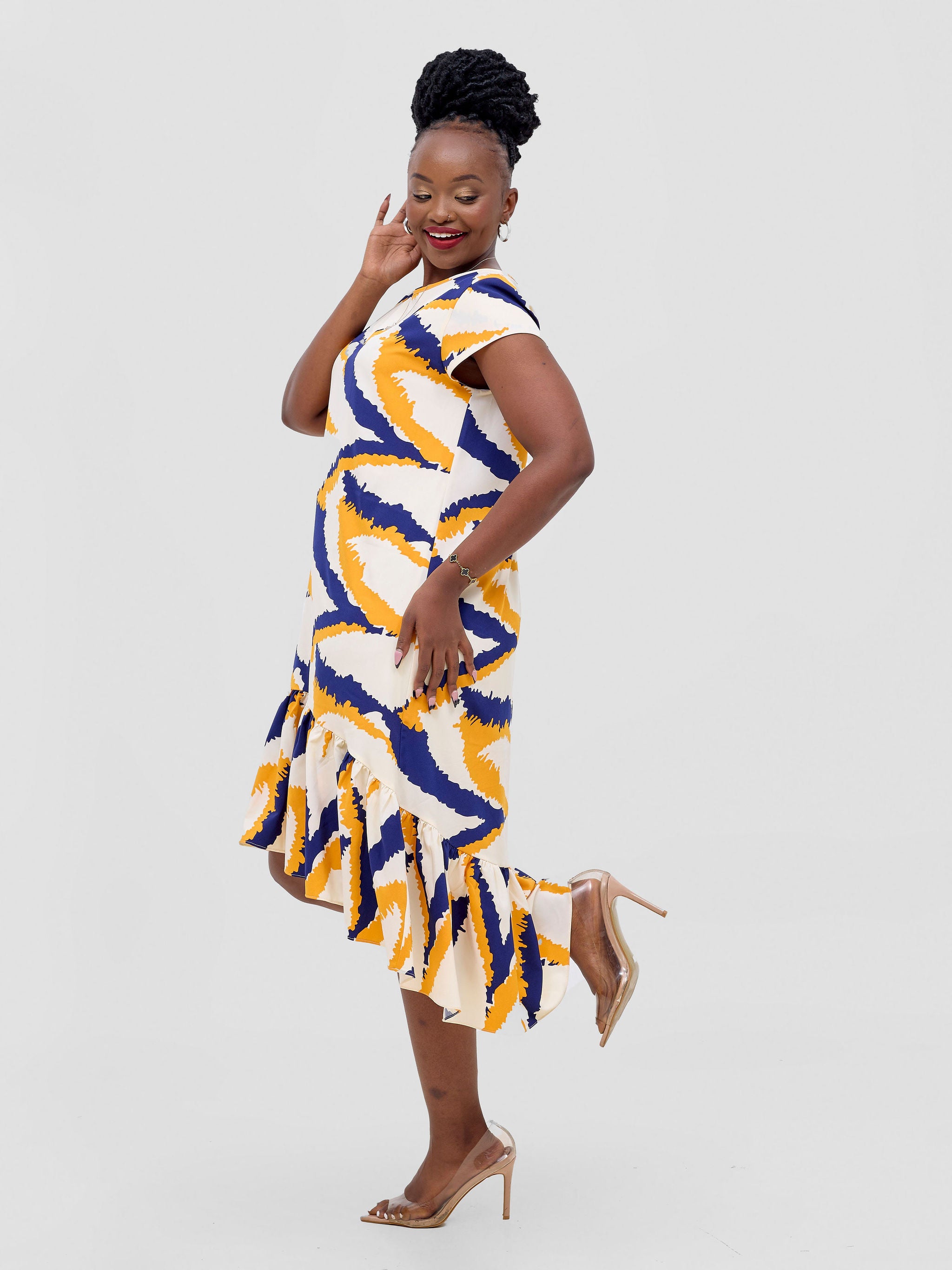 Vivo Ayana Cap Sleeve High Low Tent Dress - Mustard / Navy Print