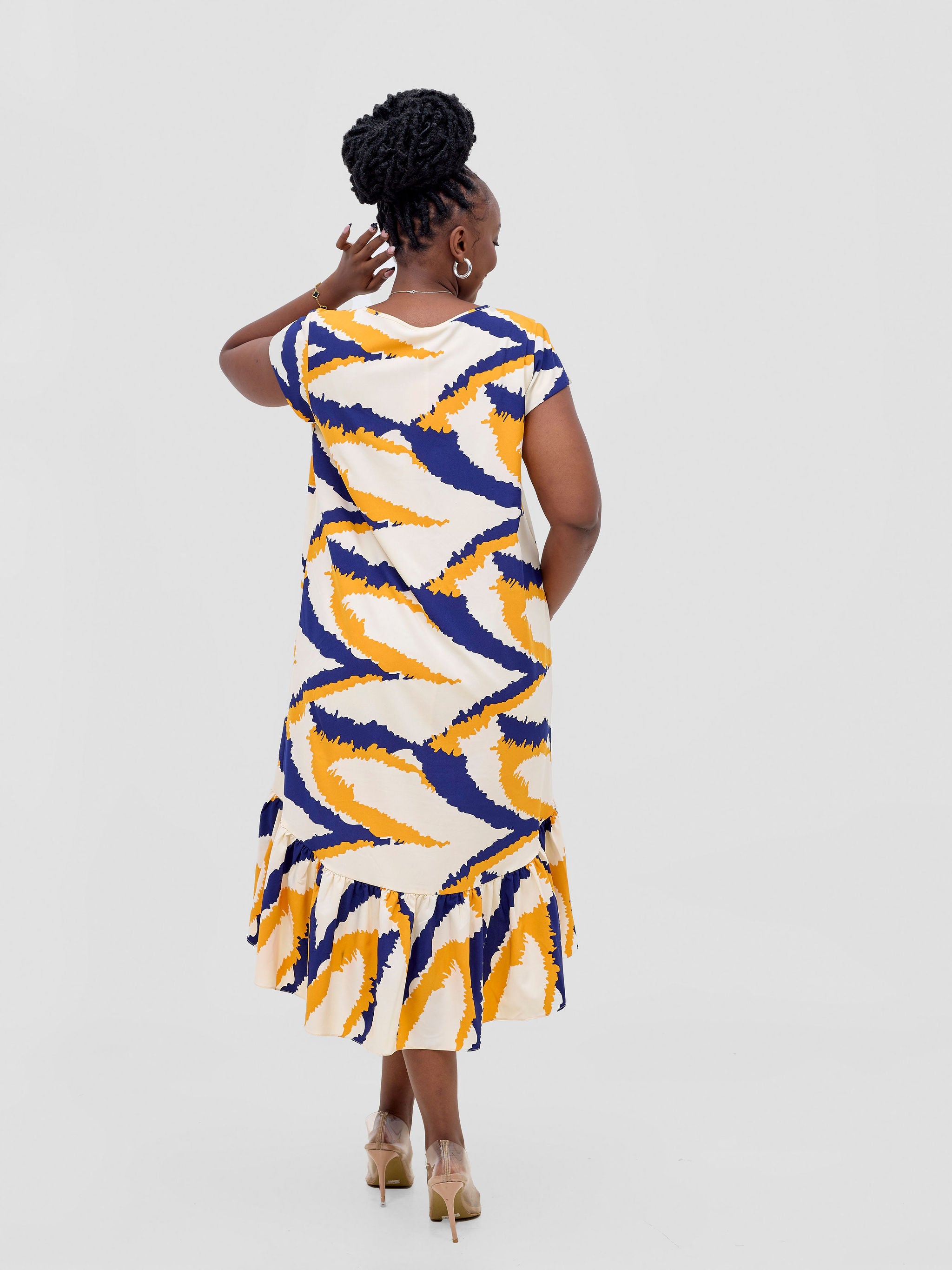 Vivo Ayana Cap Sleeve High Low Tent Dress - Mustard / Navy Print