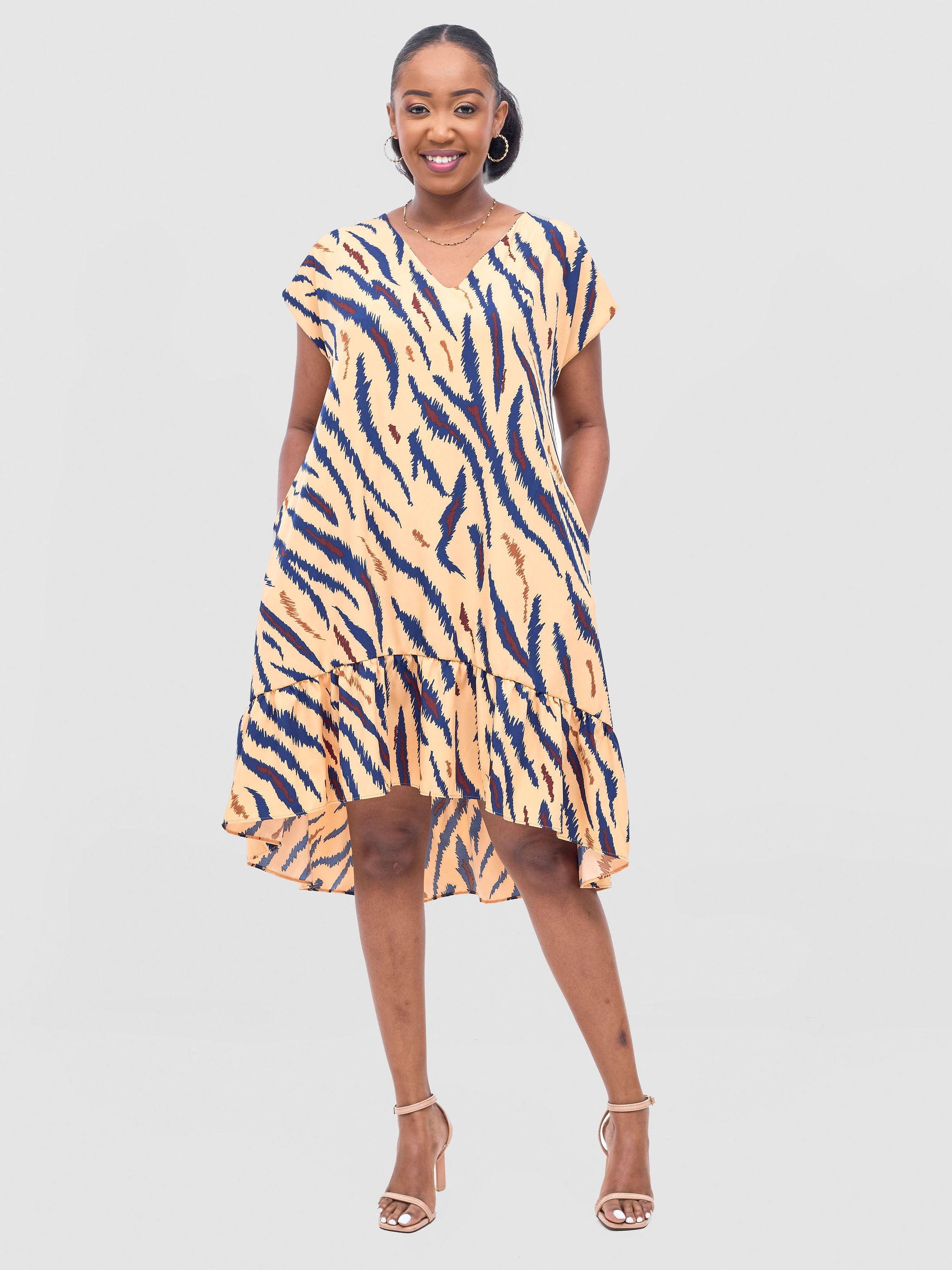 Vivo Asha Drop Shoulder Knee Length Dress - Toffee / Navy Avi Print