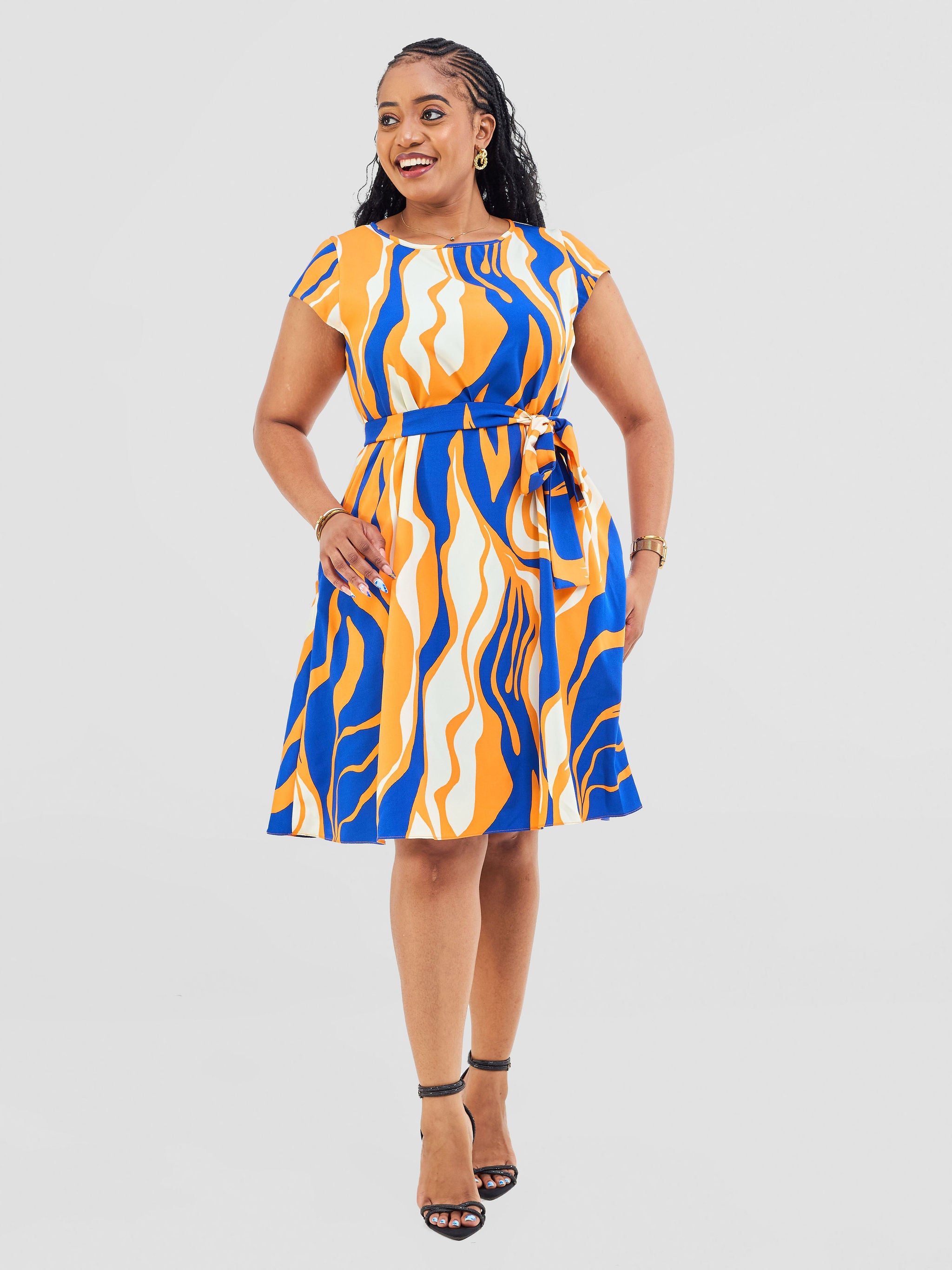 Vivo Basic Cap Sleeve Knee Length Tent Dress -Cobalt / Orange Capi Print