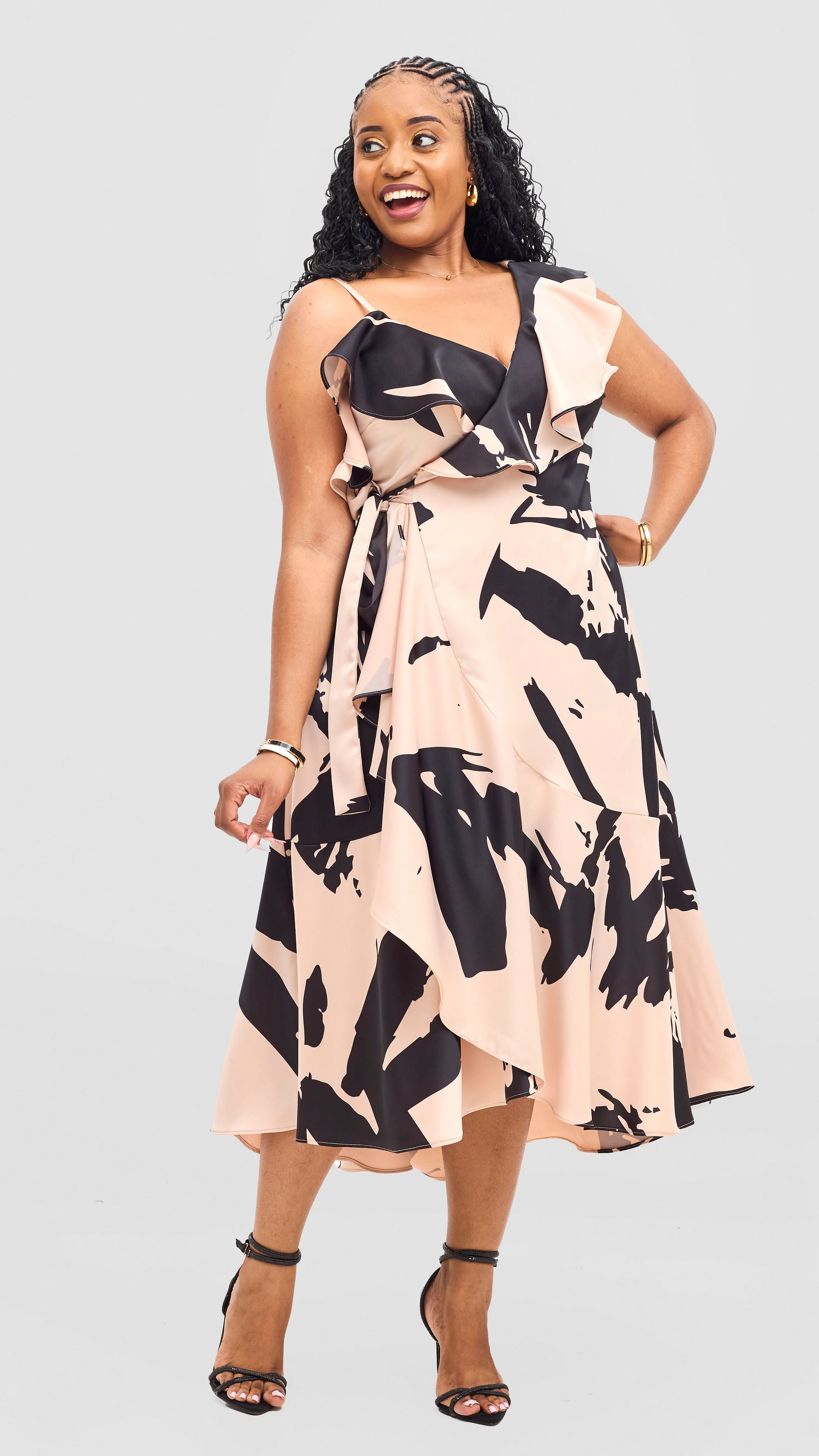 Vivo Beali Wrap Asymmetrical Midi Dress - Taupe / Black Lea Print
