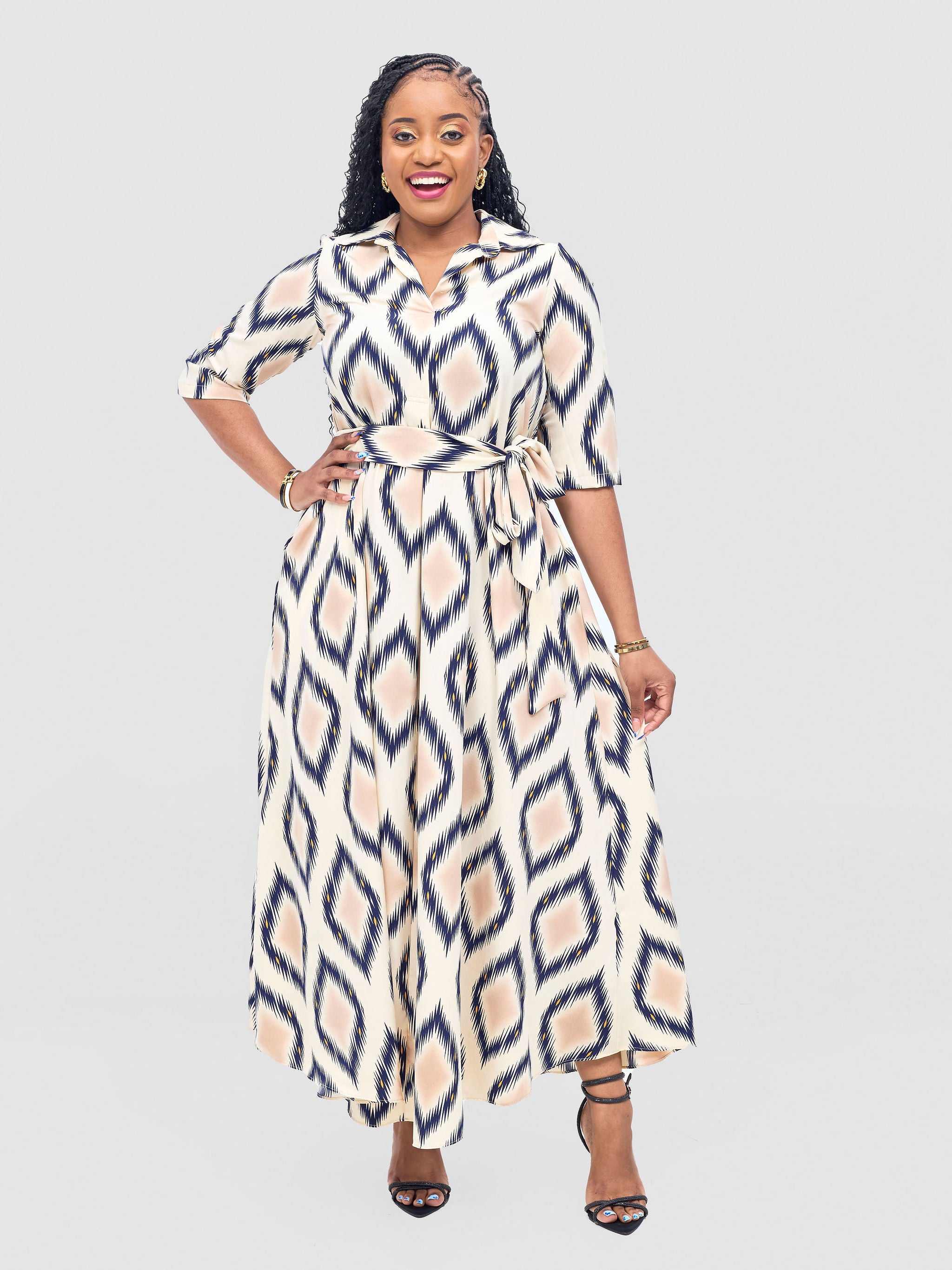 Vivo Yumi Maxi Shirt Dress - Cream / Navy Rumi Print