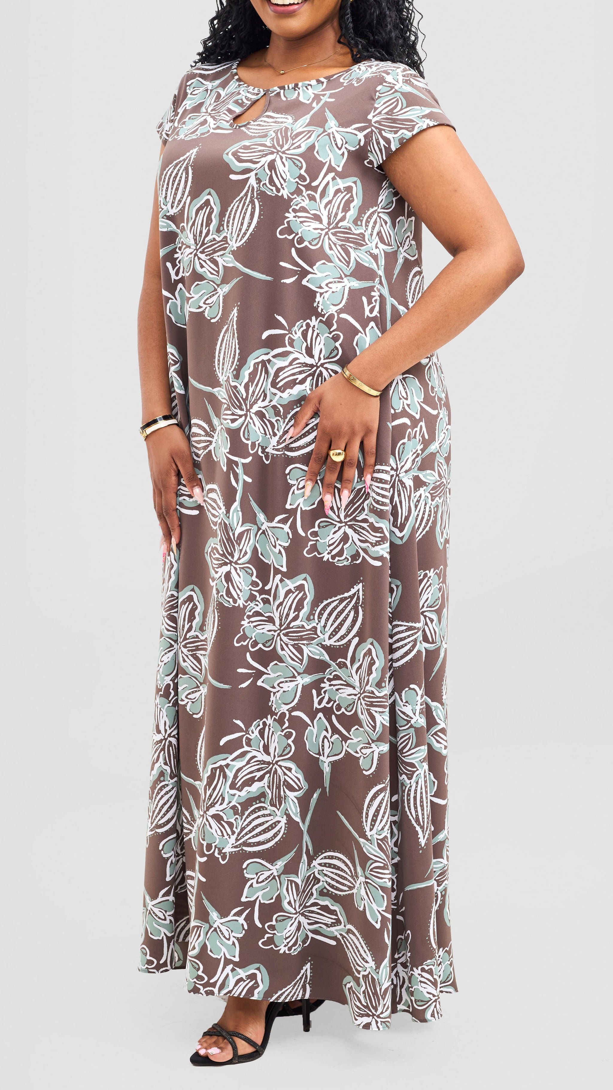 Vivo Sierra Maxi Chiffon Dress - Mint / Brown Print