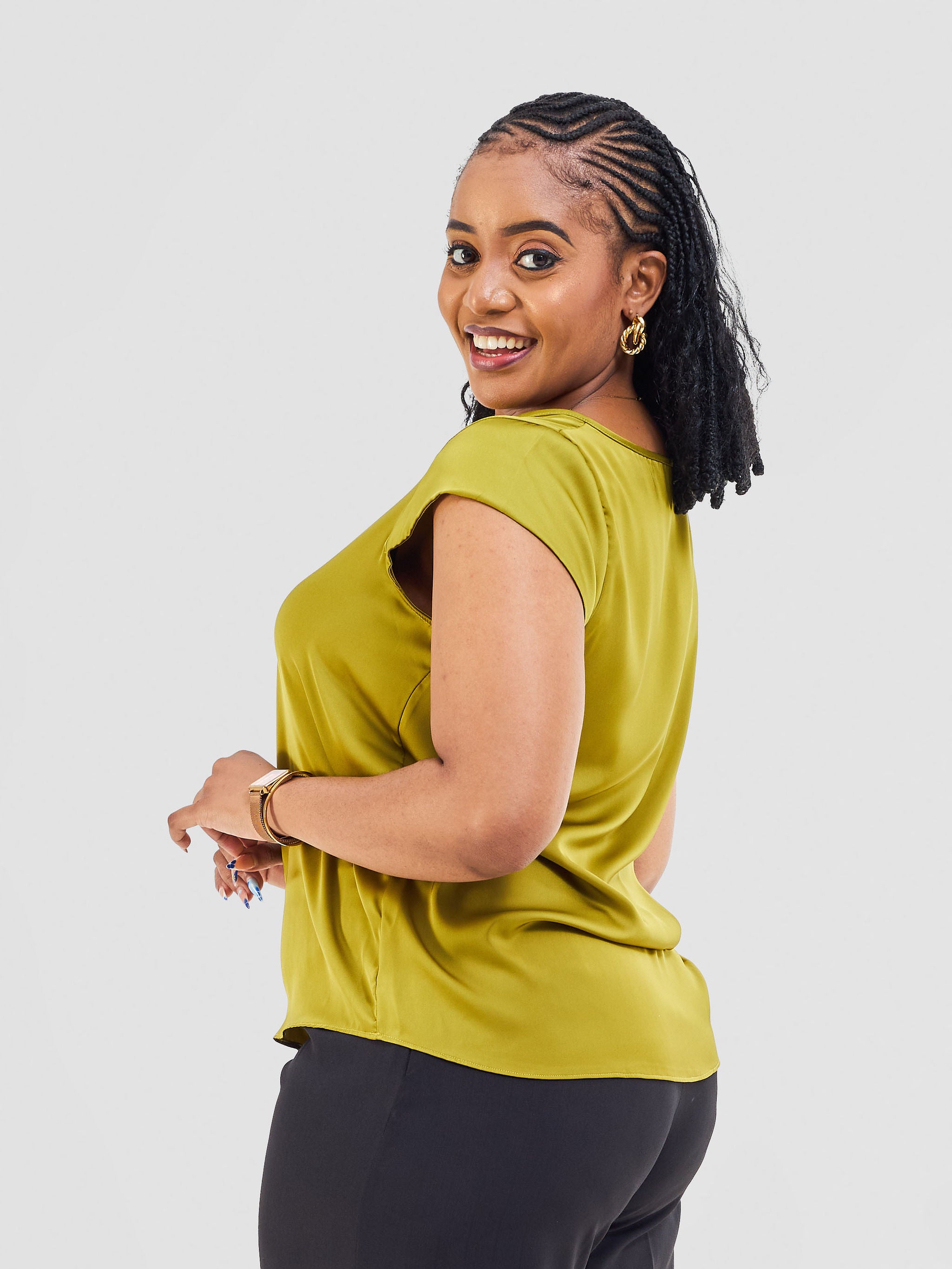 Vivo Basic Satin Cap Sleeve Top - Olive