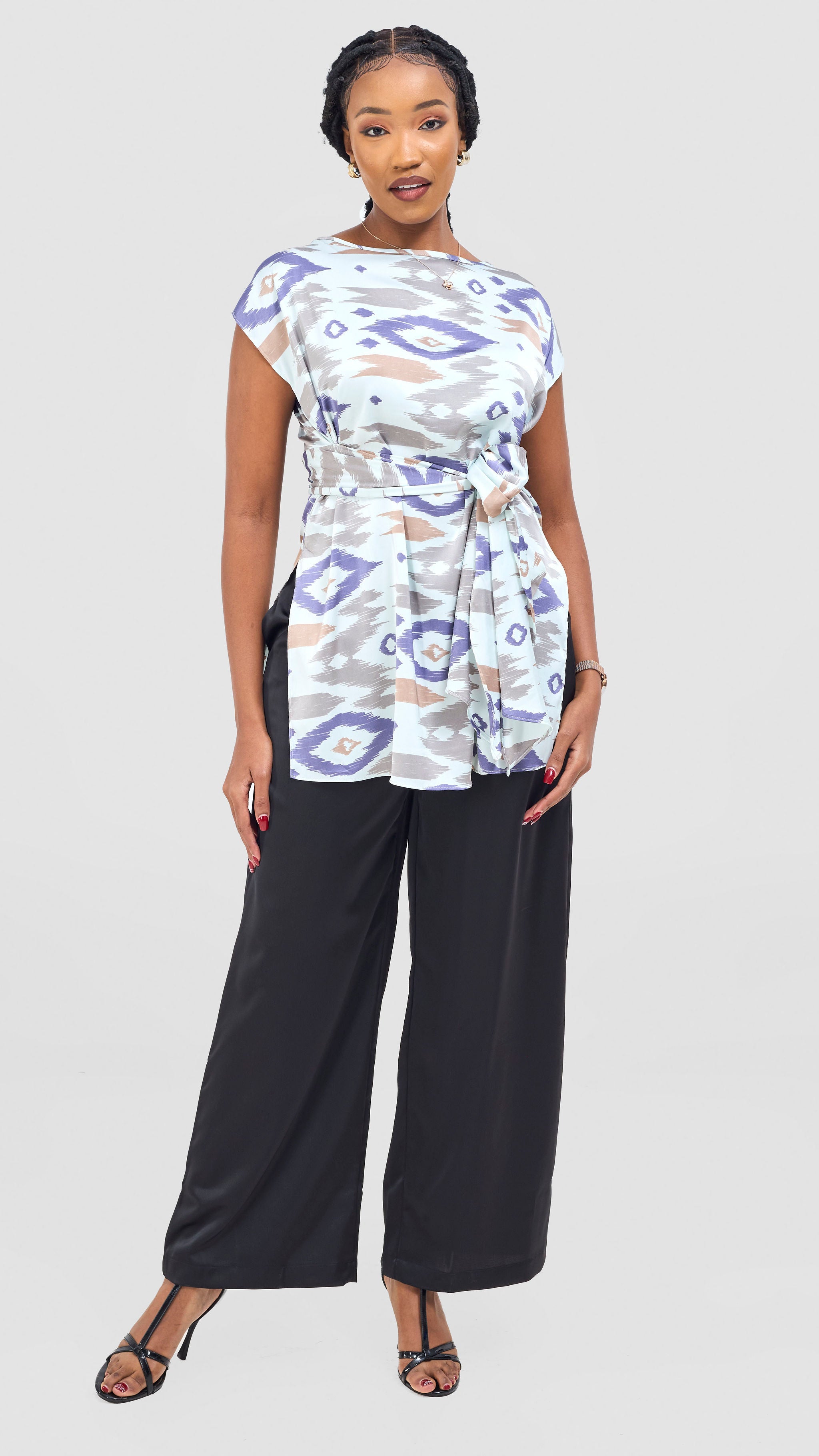 Vivo Yene Front Tie Tunic Top - Mint / Lilac Lora Print