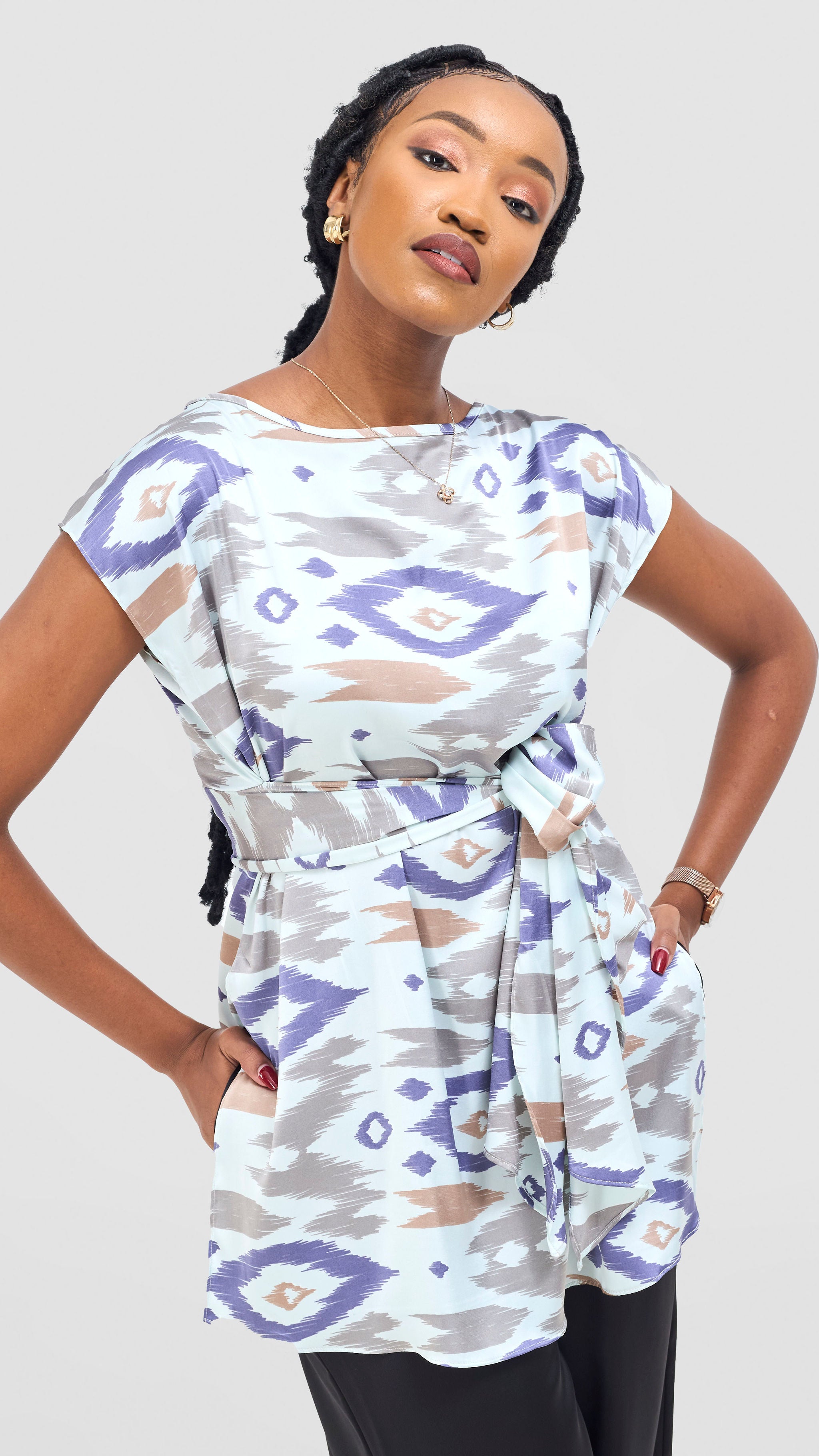 Vivo Yene Front Tie Tunic Top - Mint / Lilac Lora Print