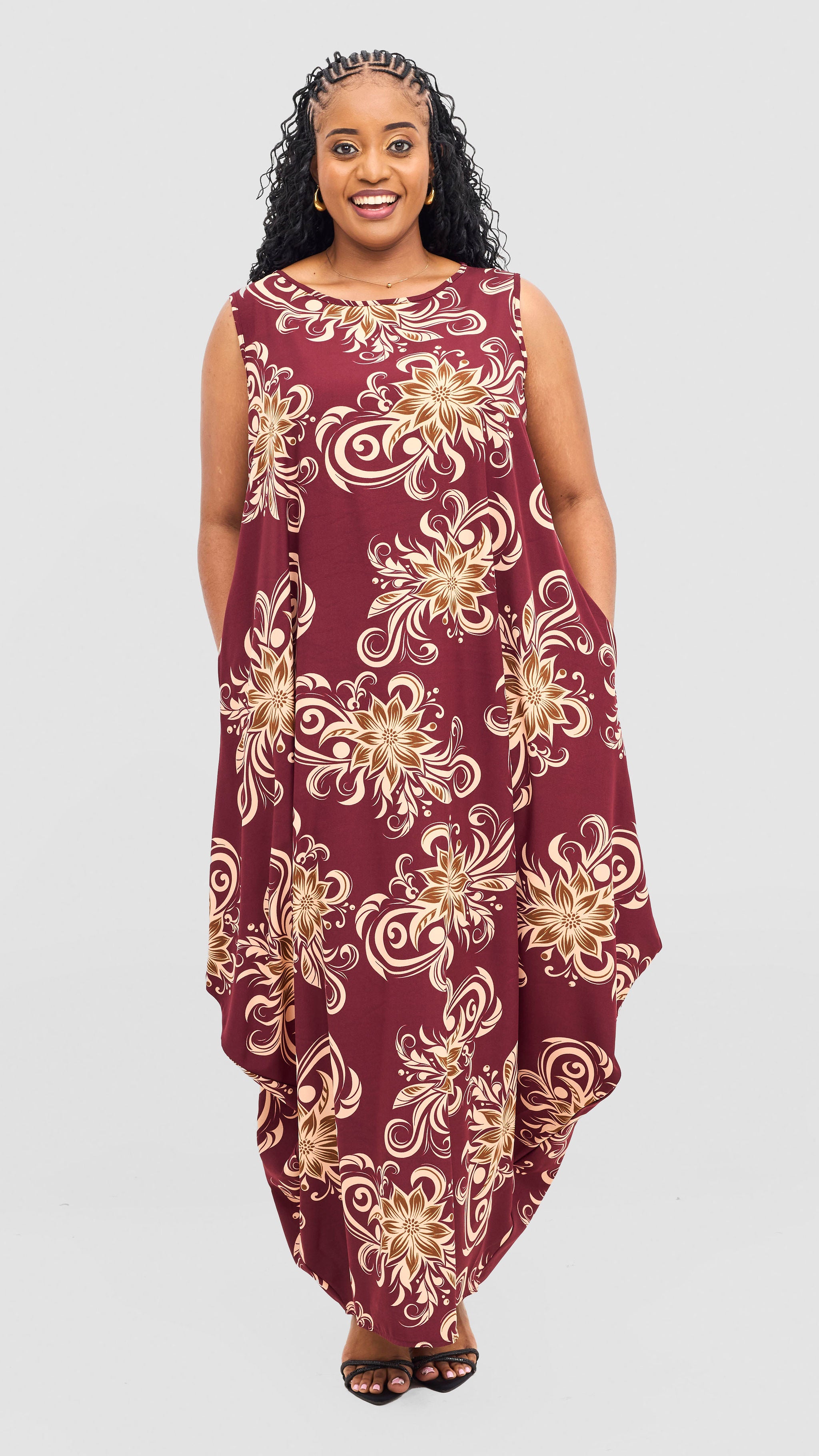 Vivo Seli Maxi Dress - Maroon / Olive Print