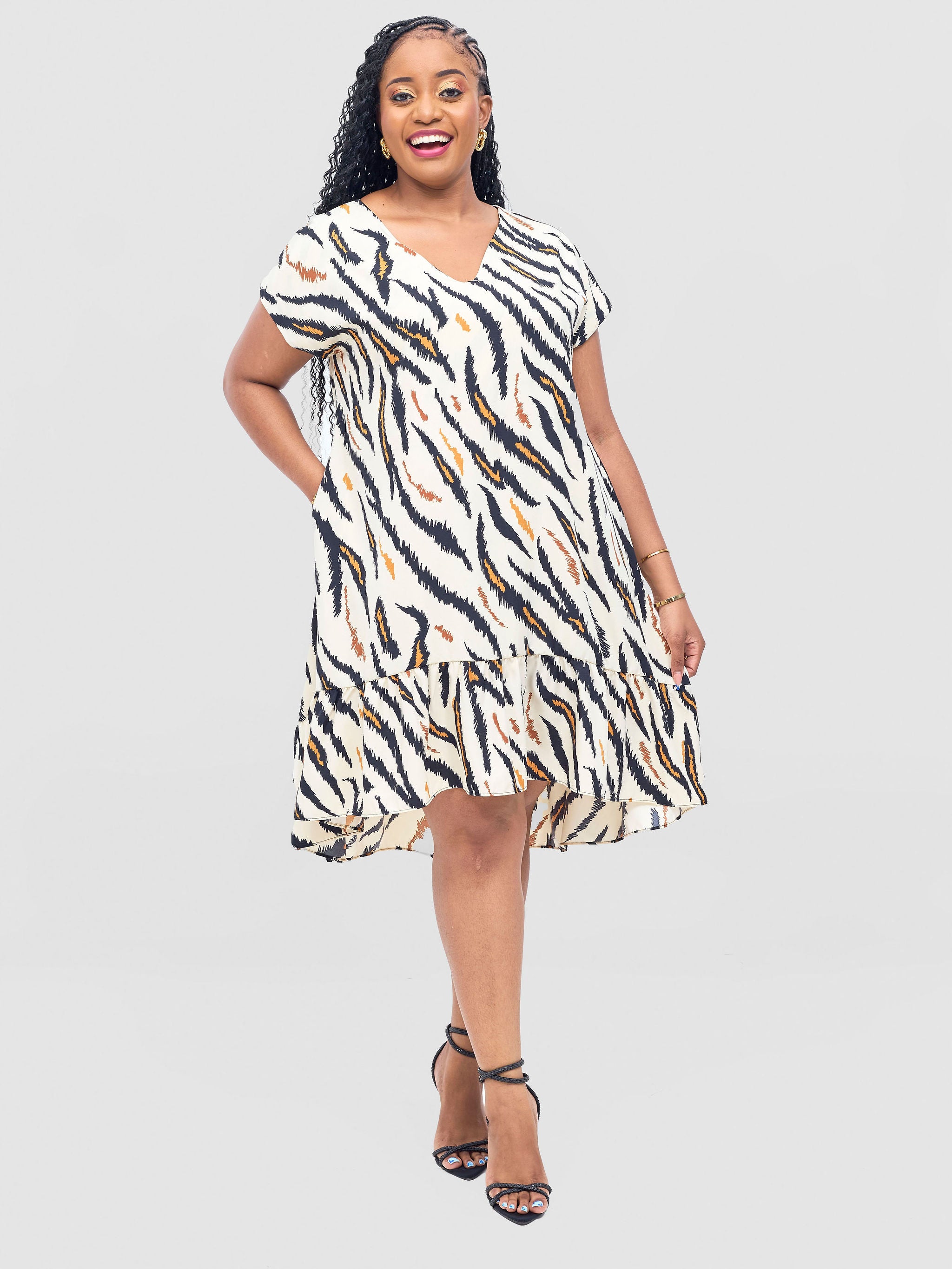 Vivo Asha Drop Shoulder Knee Length Dress - Cream / Mustard Avi Print