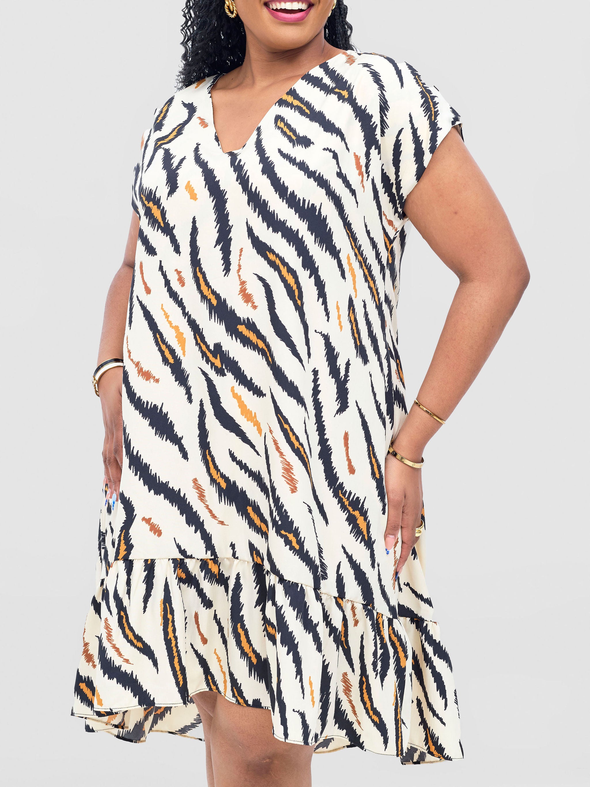 Vivo Asha Drop Shoulder Knee Length Dress - Cream / Mustard Avi Print