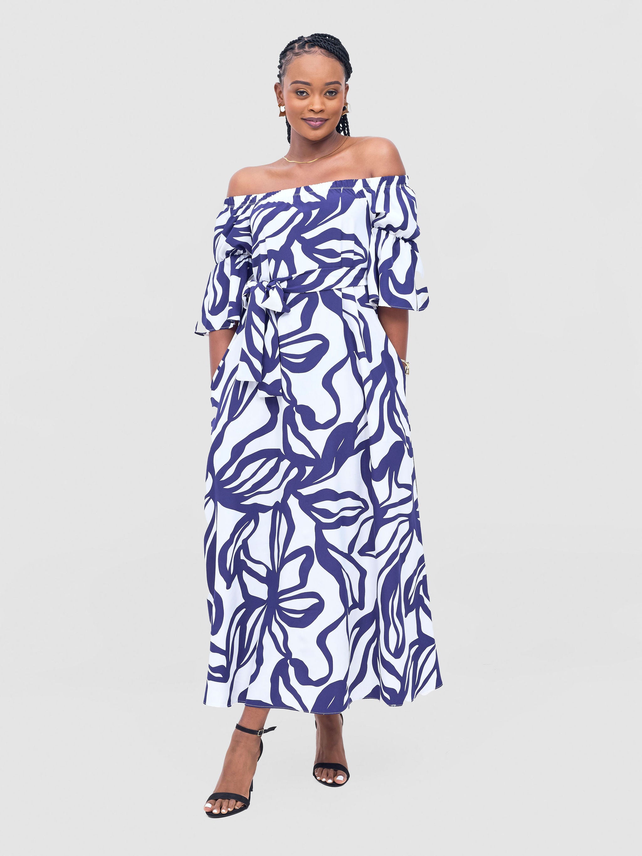 Vivo Tana Off Shoulder Maxi Dress - White / Purple Dana Print