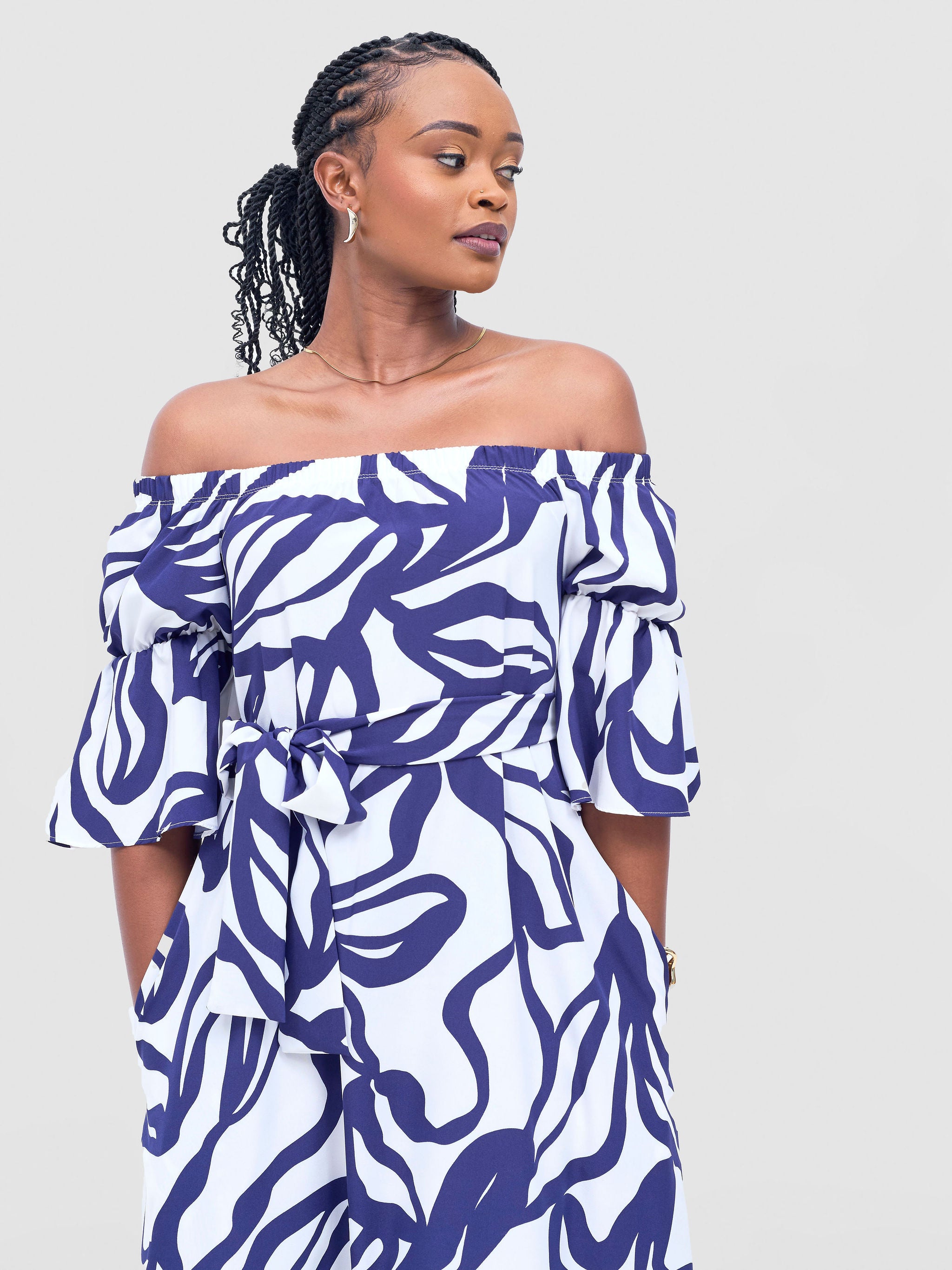 Vivo Tana Off Shoulder Maxi Dress - White / Purple Dana Print