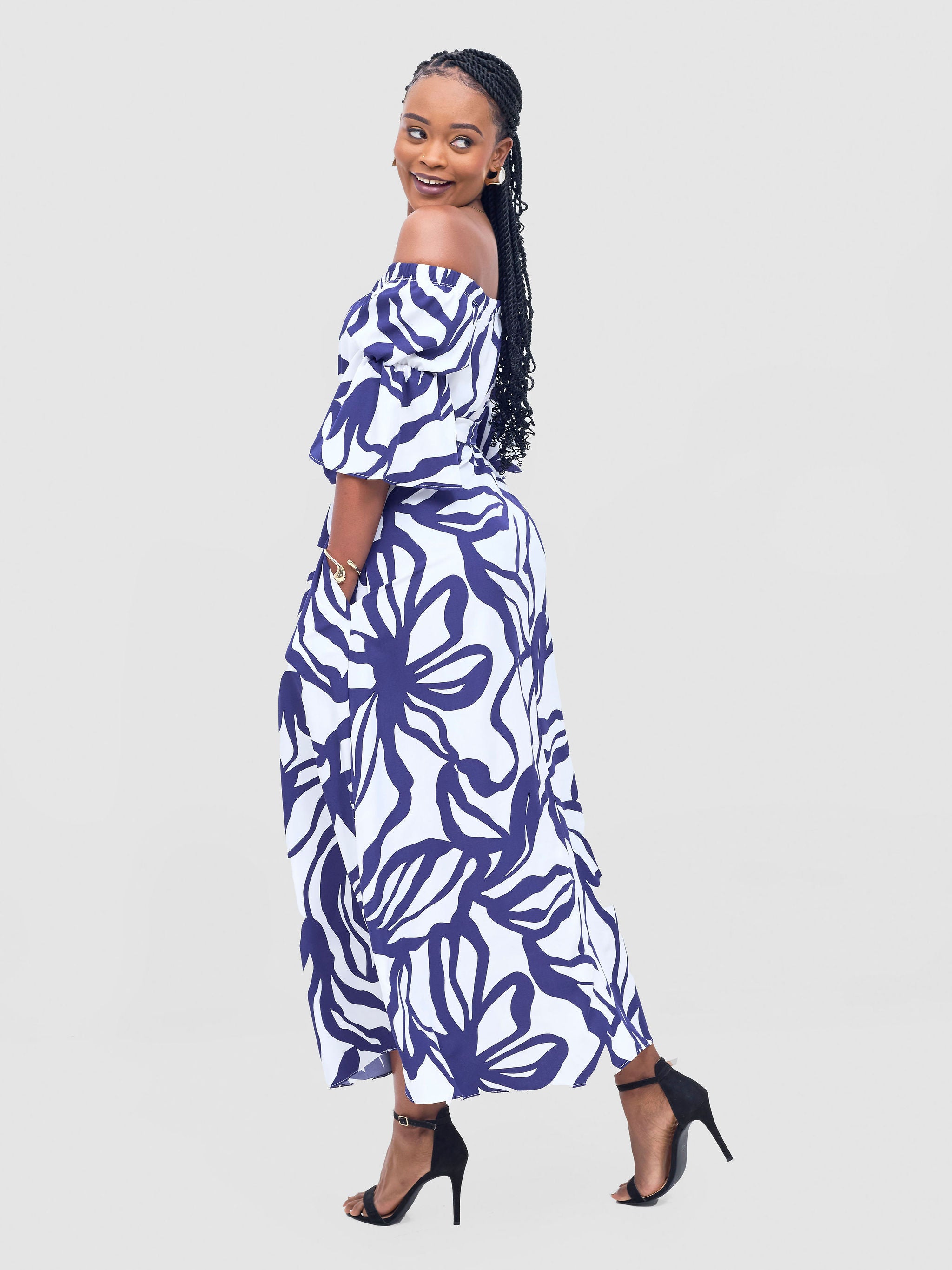 Vivo Tana Off Shoulder Maxi Dress - White / Purple Dana Print