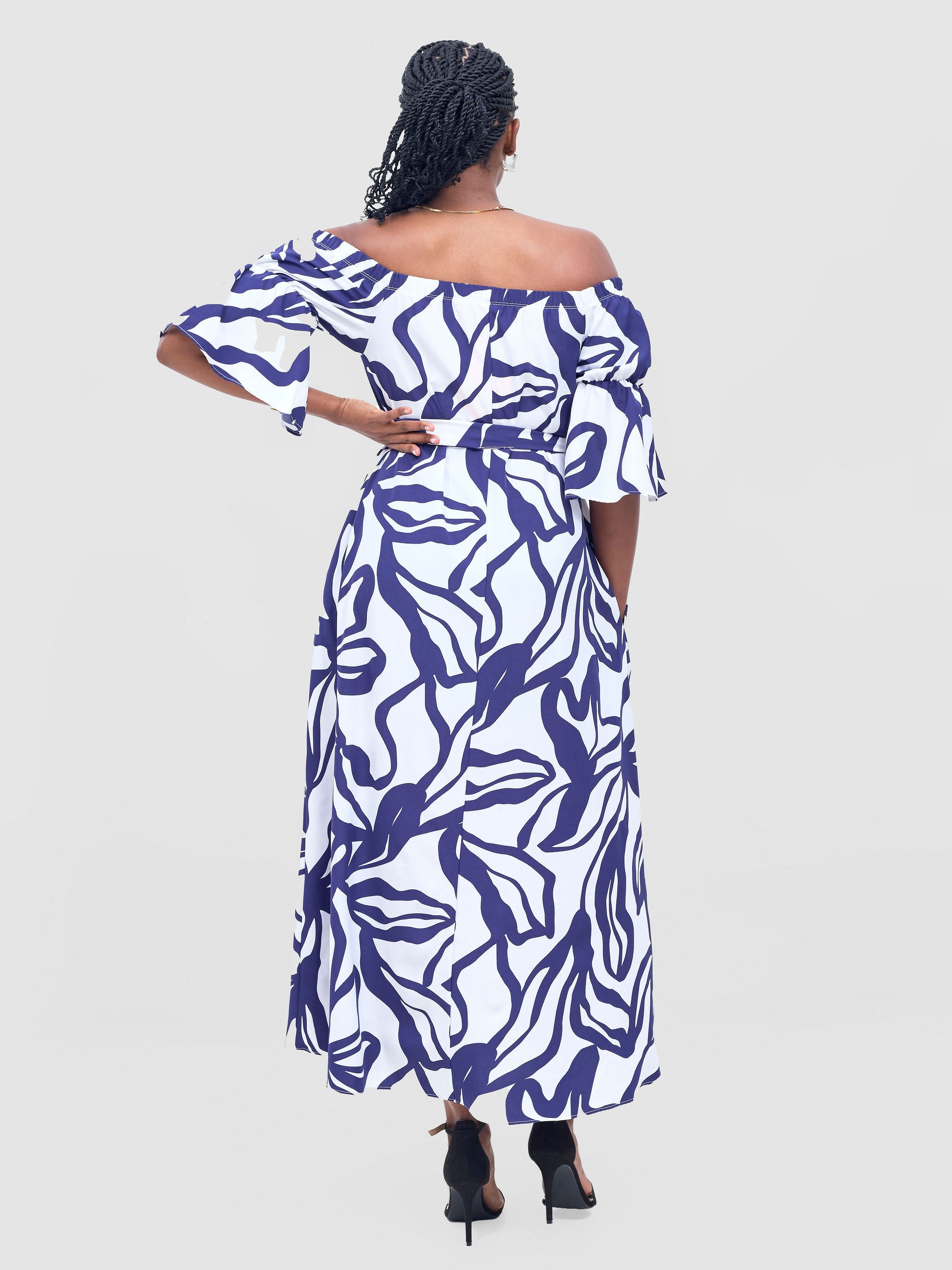 Vivo Tana Off Shoulder Maxi Dress - White / Purple Dana Print