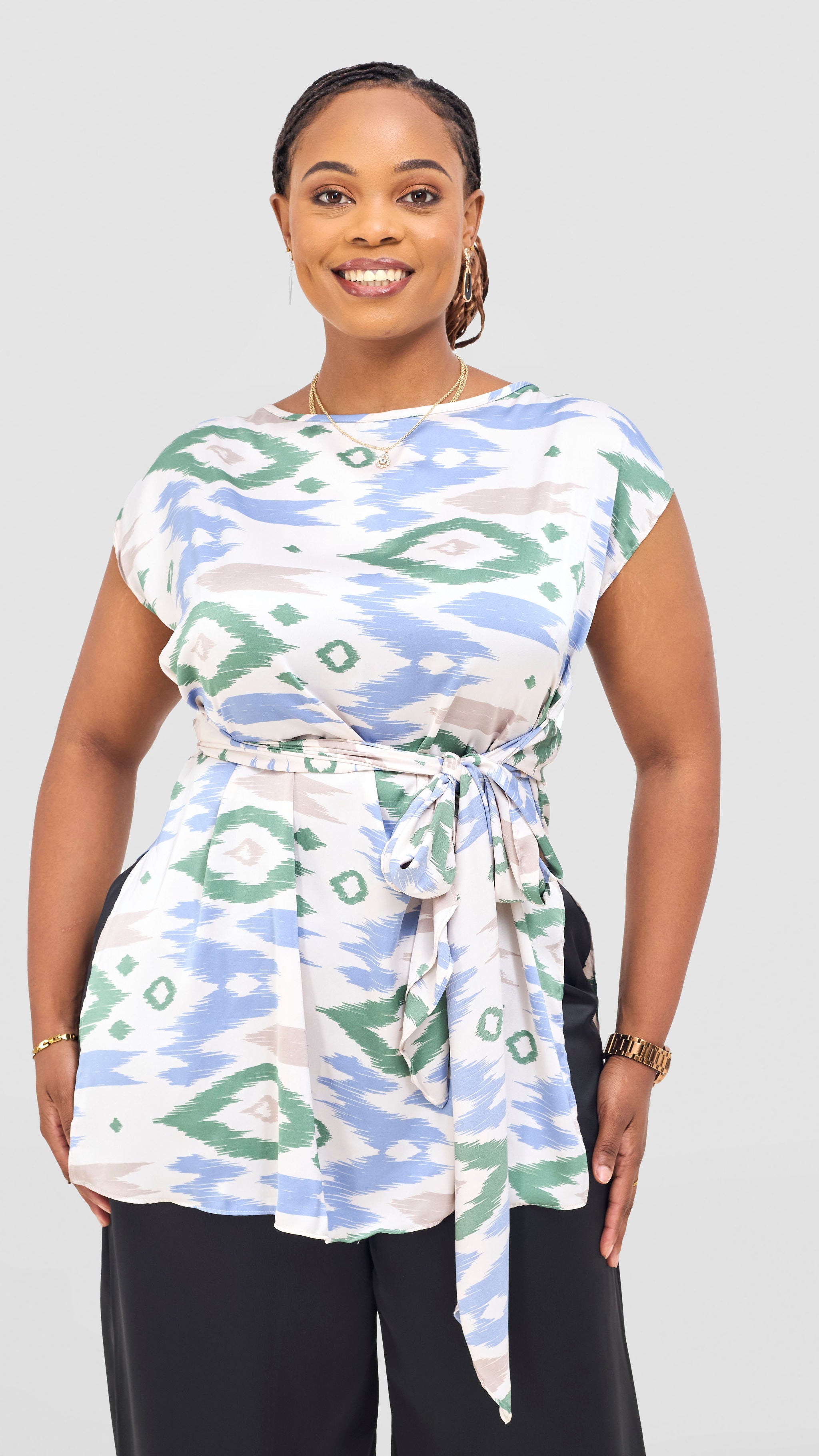 Vivo Yene Front Tie Tunic Top - Taupe / Green Lora Print