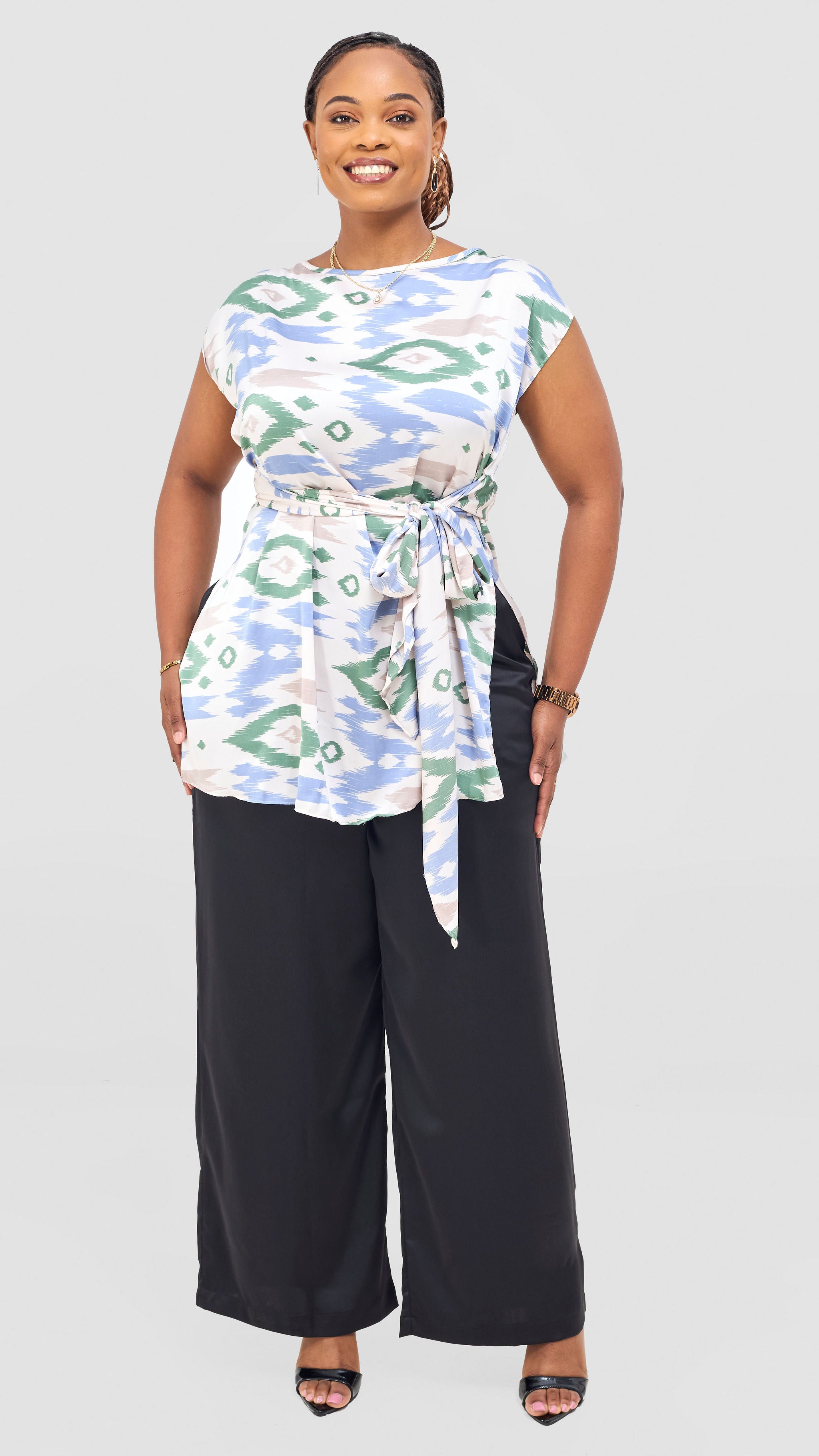 Vivo Yene Front Tie Tunic Top - Taupe / Green Lora Print