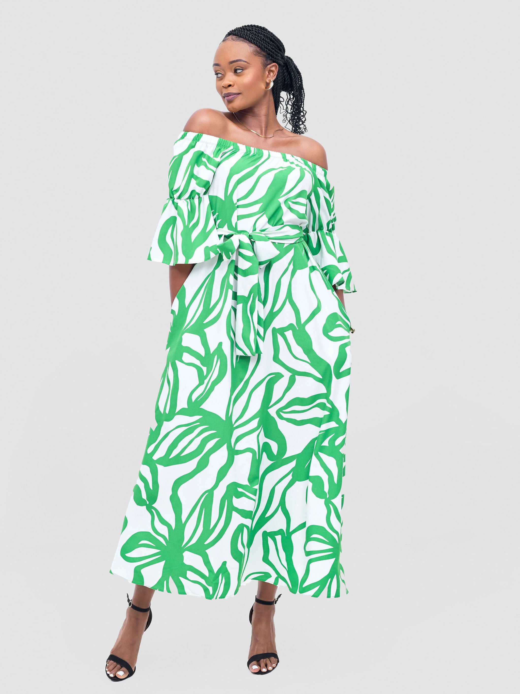 Vivo Tana Off Shoulder Maxi Dress - White / Green Dana Print