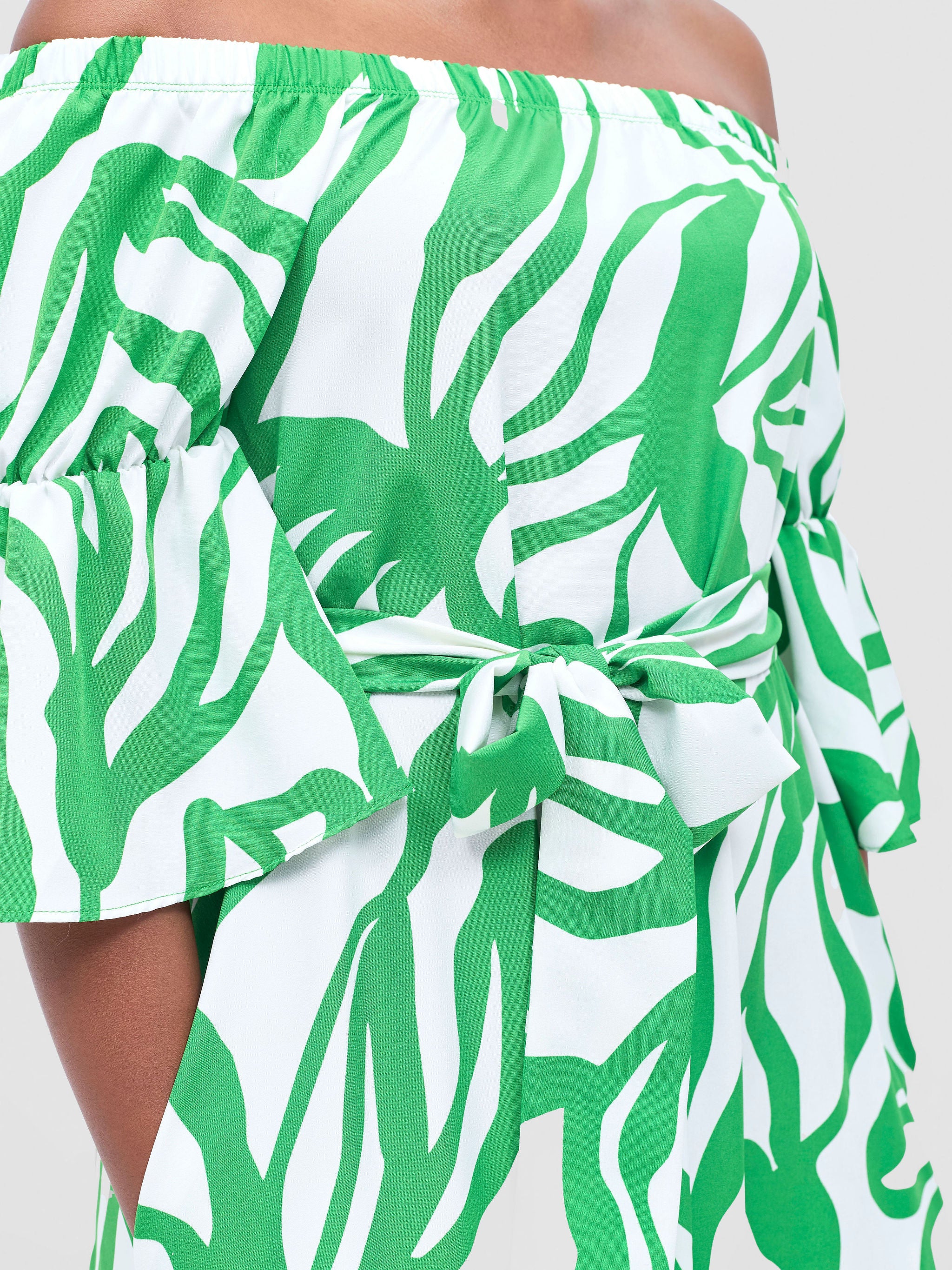 Vivo Tana Off Shoulder Maxi Dress - White / Green Dana Print