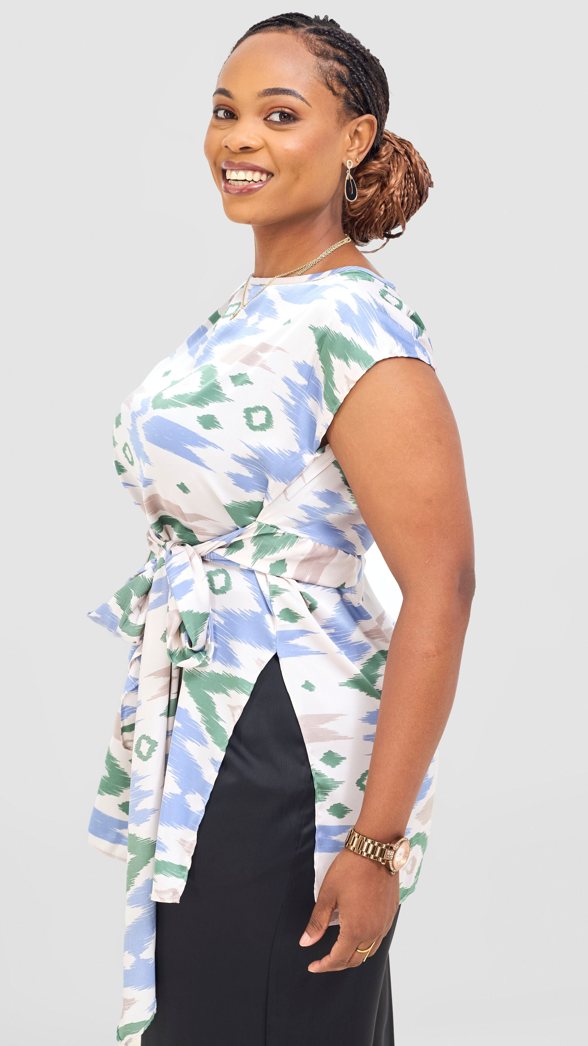 Vivo Yene Front Tie Tunic Top - Taupe / Green Lora Print
