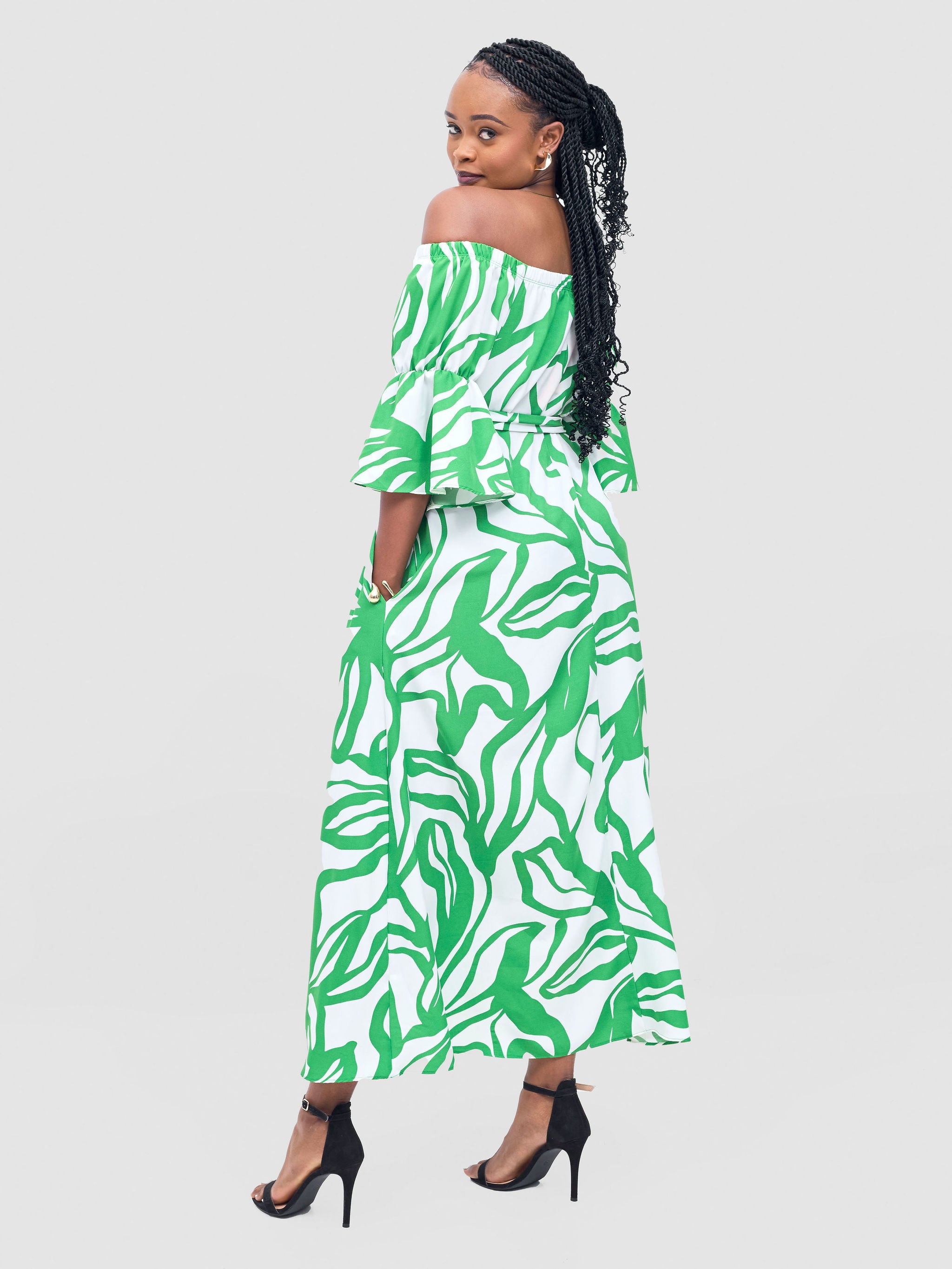 Vivo Tana Off Shoulder Maxi Dress - White / Green Dana Print