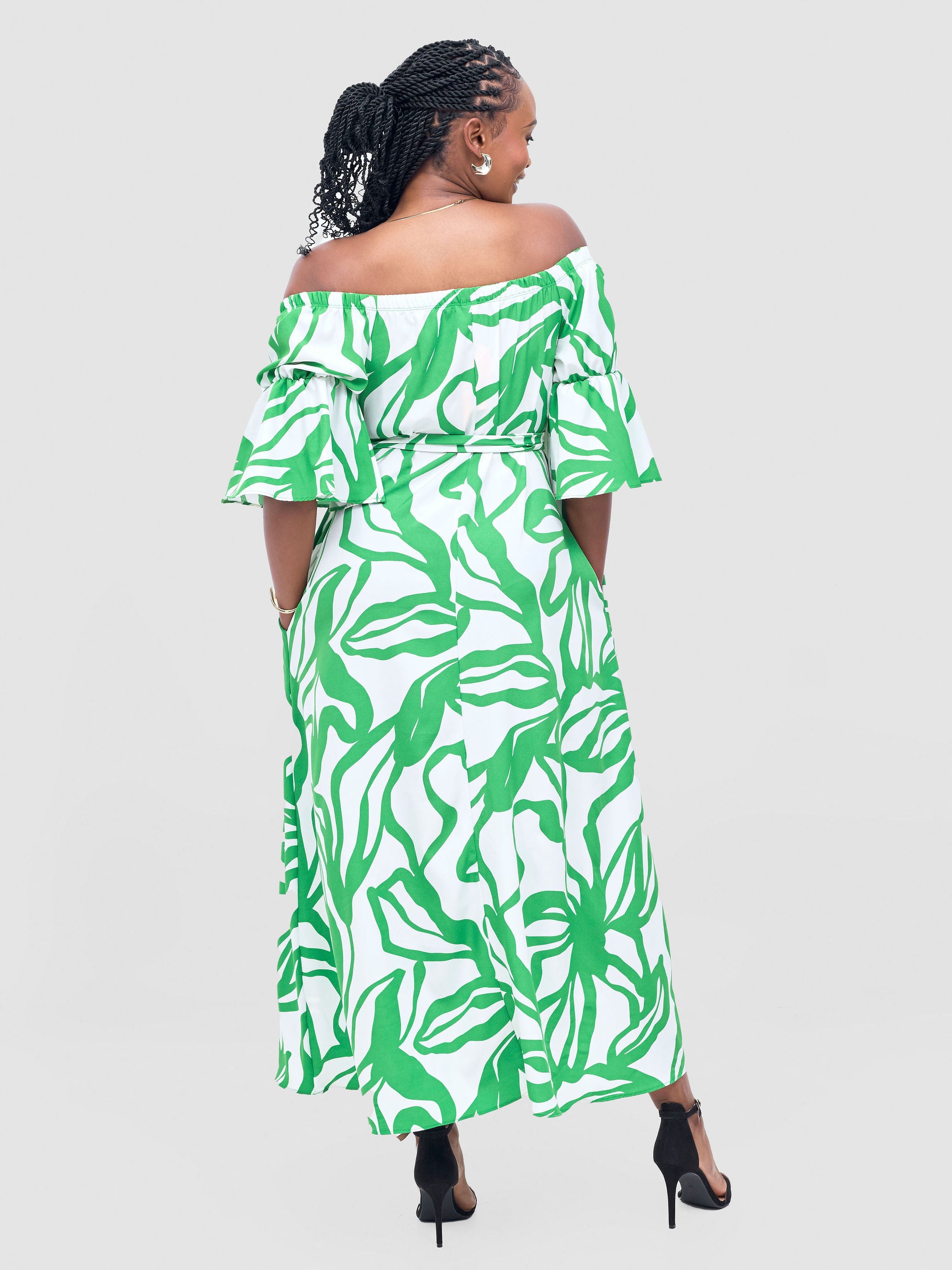 Vivo Tana Off Shoulder Maxi Dress - White / Green Dana Print