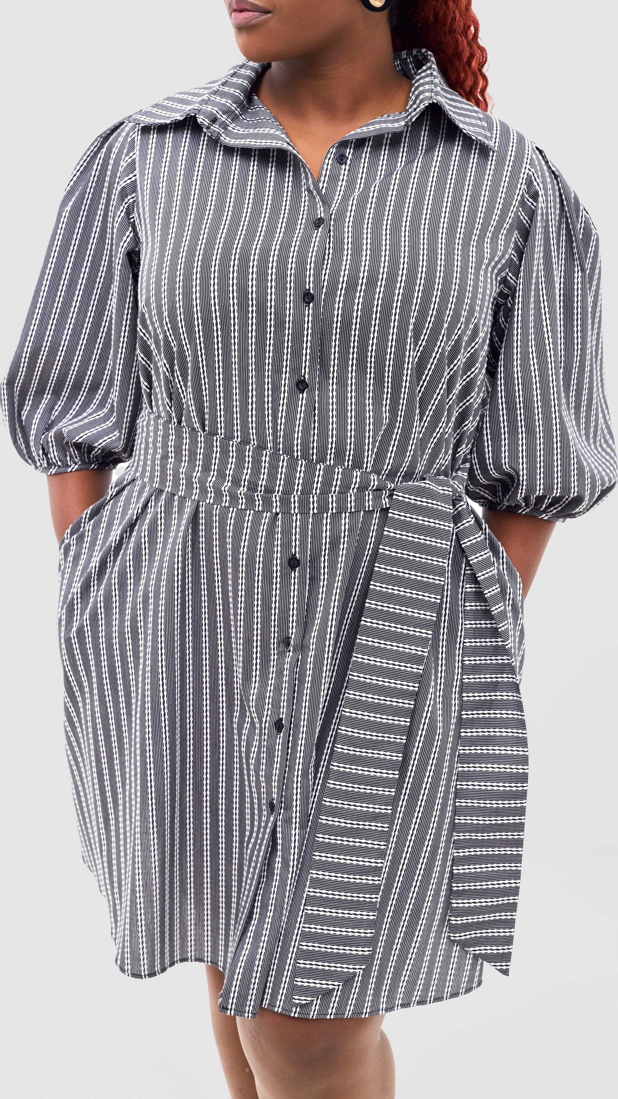Safari Naledi 3/4 Sleeve Tent Dress - White Polka Stripes