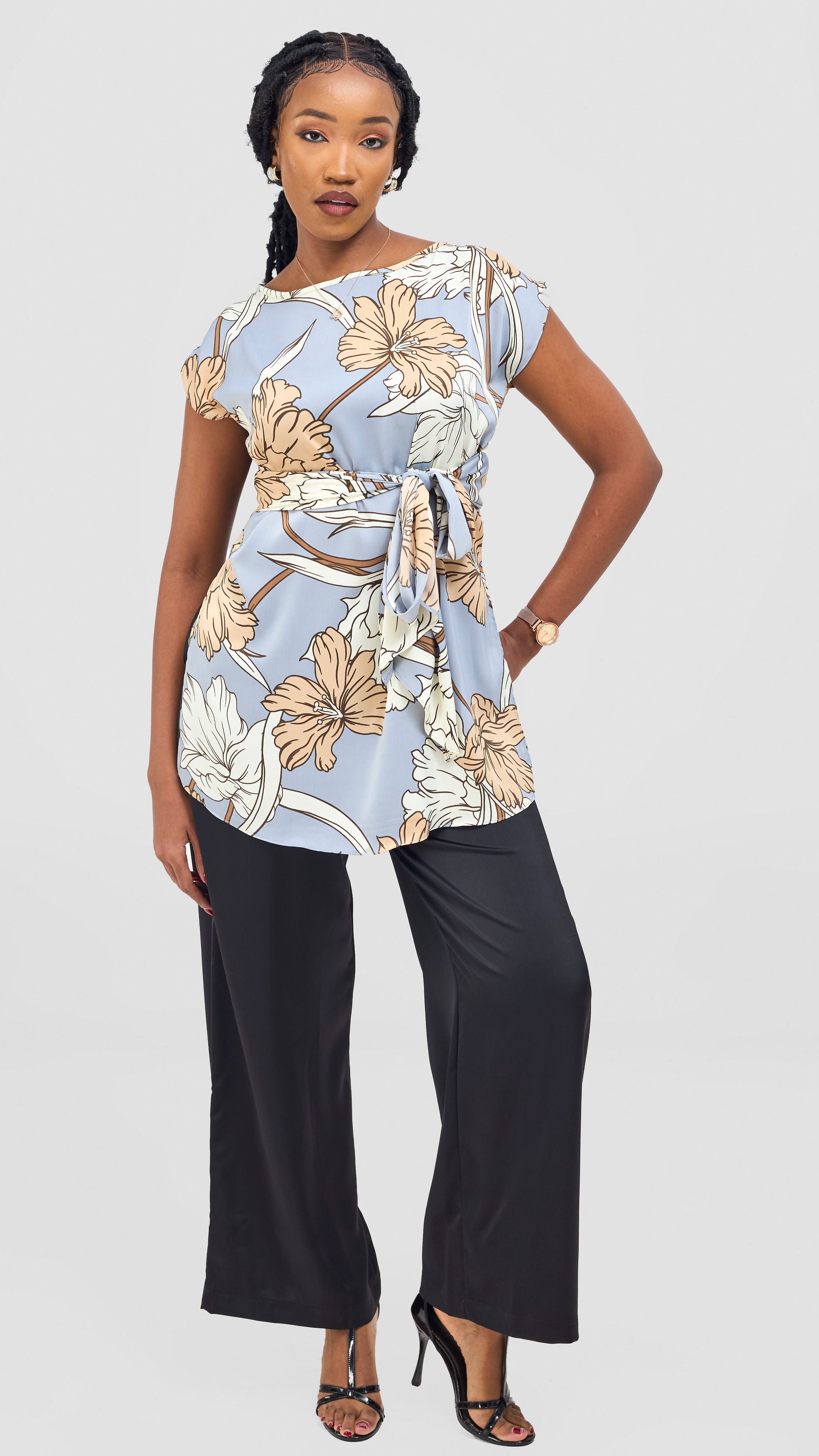 Vivo Yene Front Tie Tunic Top - Taupe / Cream Tunu Print
