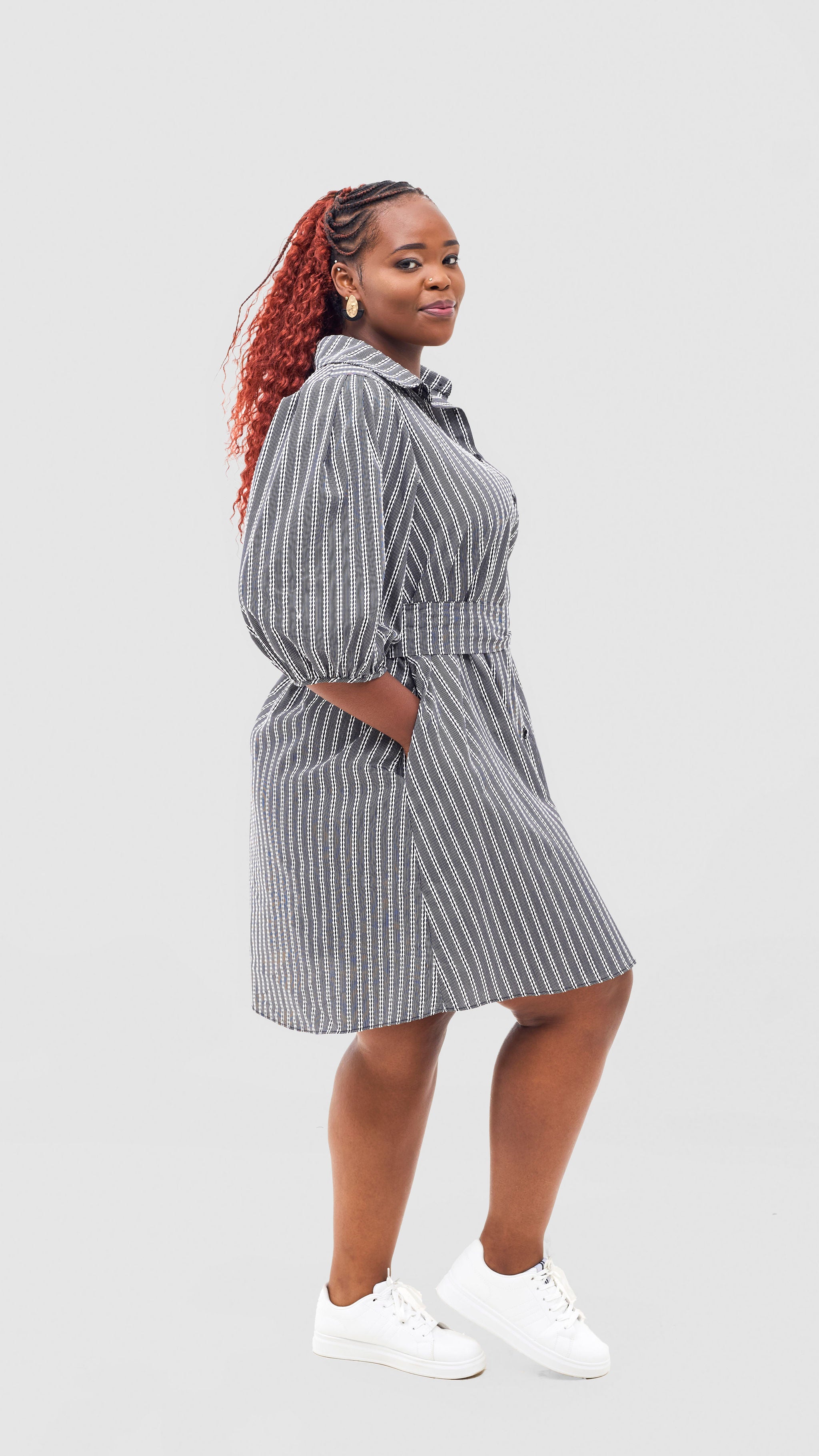 Safari Naledi 3/4 Sleeve Tent Dress - White Polka Stripes