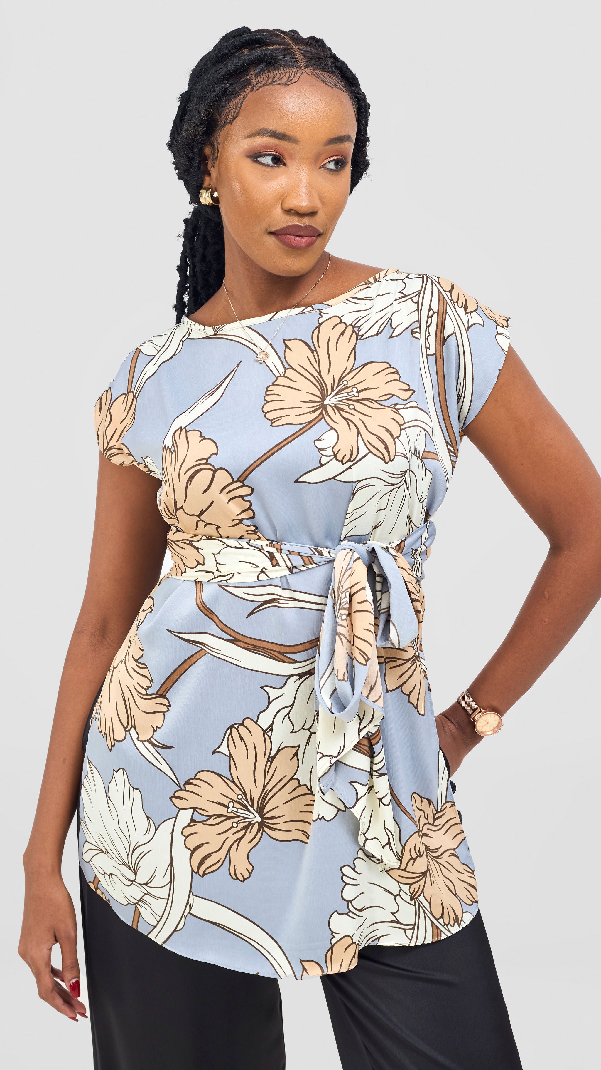 Vivo Yene Front Tie Tunic Top - Taupe / Cream Tunu Print