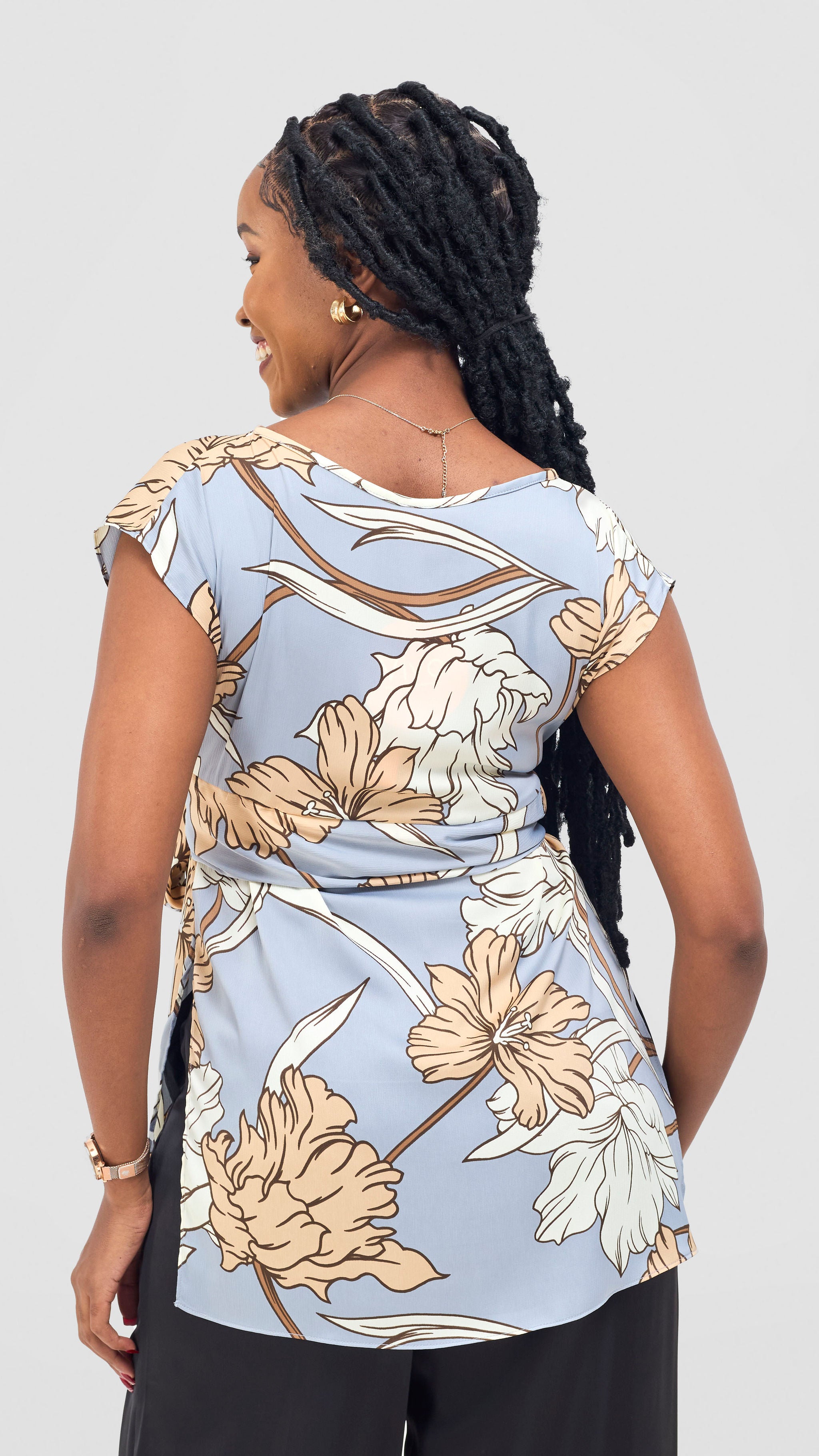Vivo Yene Front Tie Tunic Top - Taupe / Cream Tunu Print