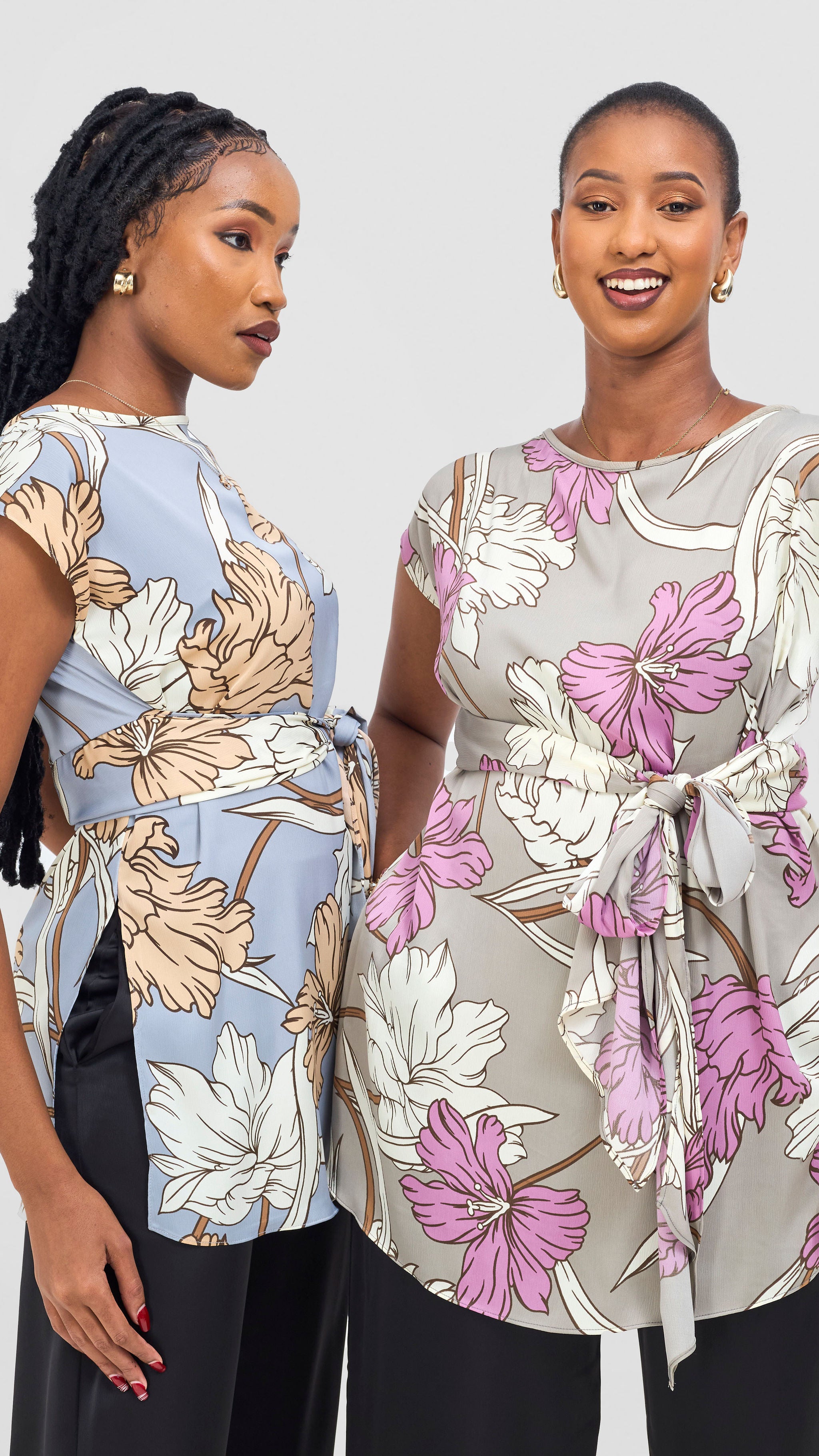 Vivo Yene Front Tie Tunic Top - Grey / Purple Tunu Print